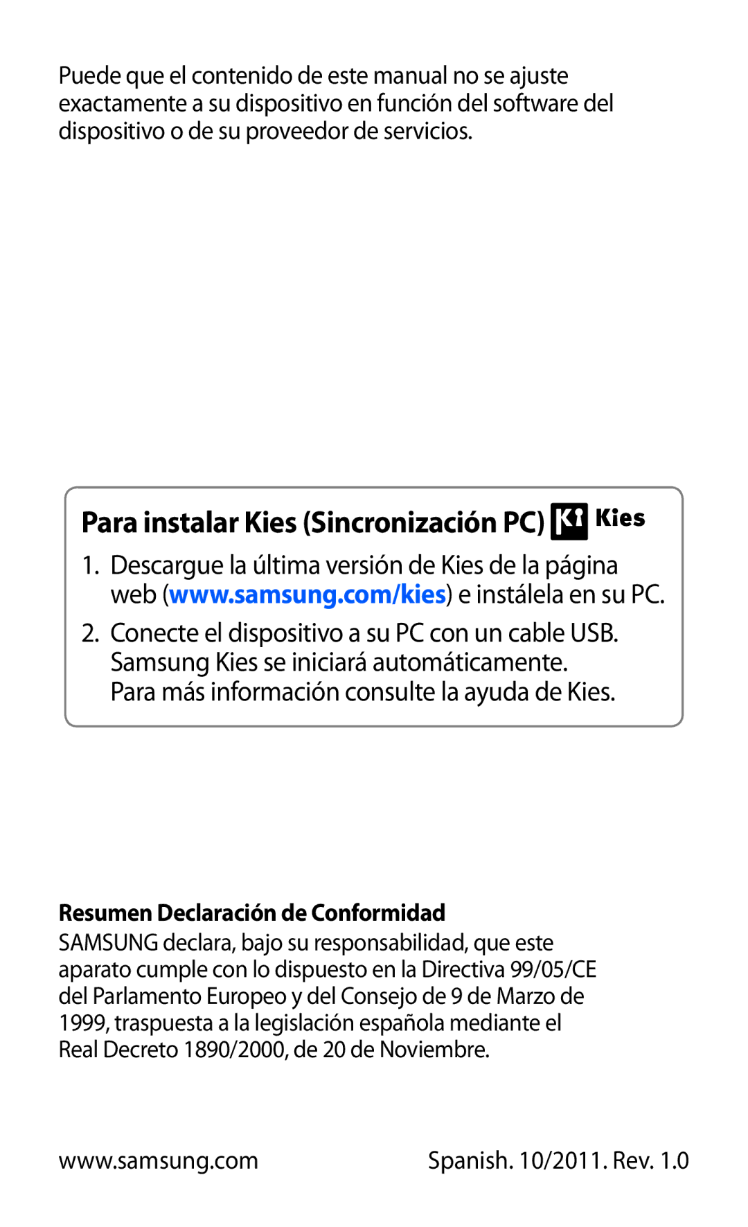 Samsung GT-B7510ISAFOP, GT-B7510CWAFOP manual Para instalar Kies Sincronización PC, Resumen Declaración de Conformidad 