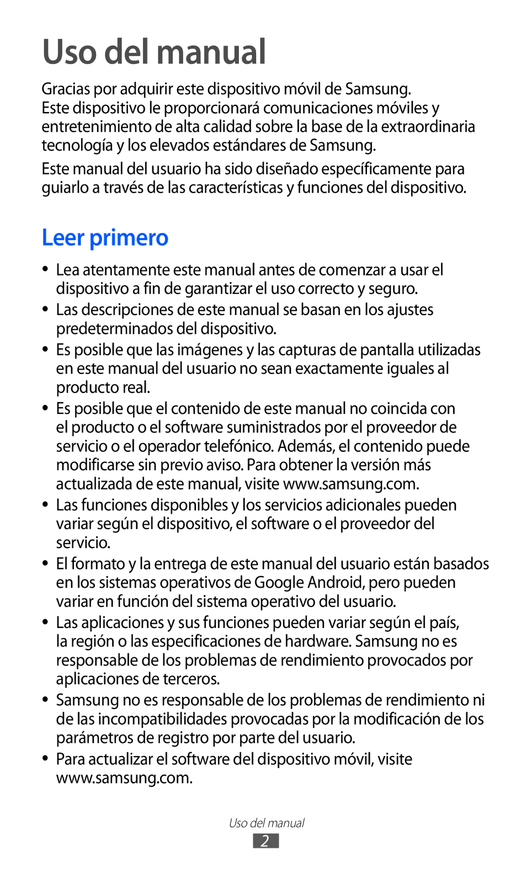 Samsung GT-B7510ISAATL, GT-B7510CWAFOP, GT-B7510ISAFOP, GT-B7510LKAFOP Uso del manual, Leer primero 