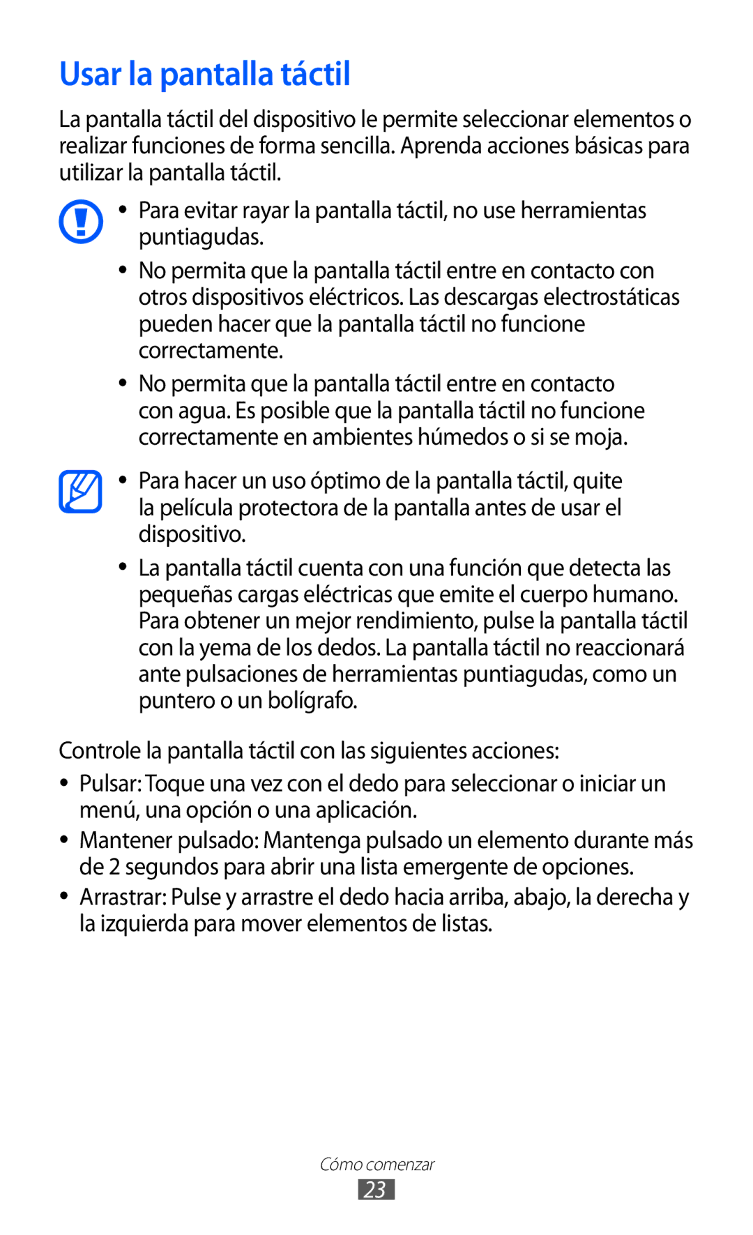 Samsung GT-B7510LKAFOP, GT-B7510CWAFOP, GT-B7510ISAFOP, GT-B7510ISAATL manual Usar la pantalla táctil 