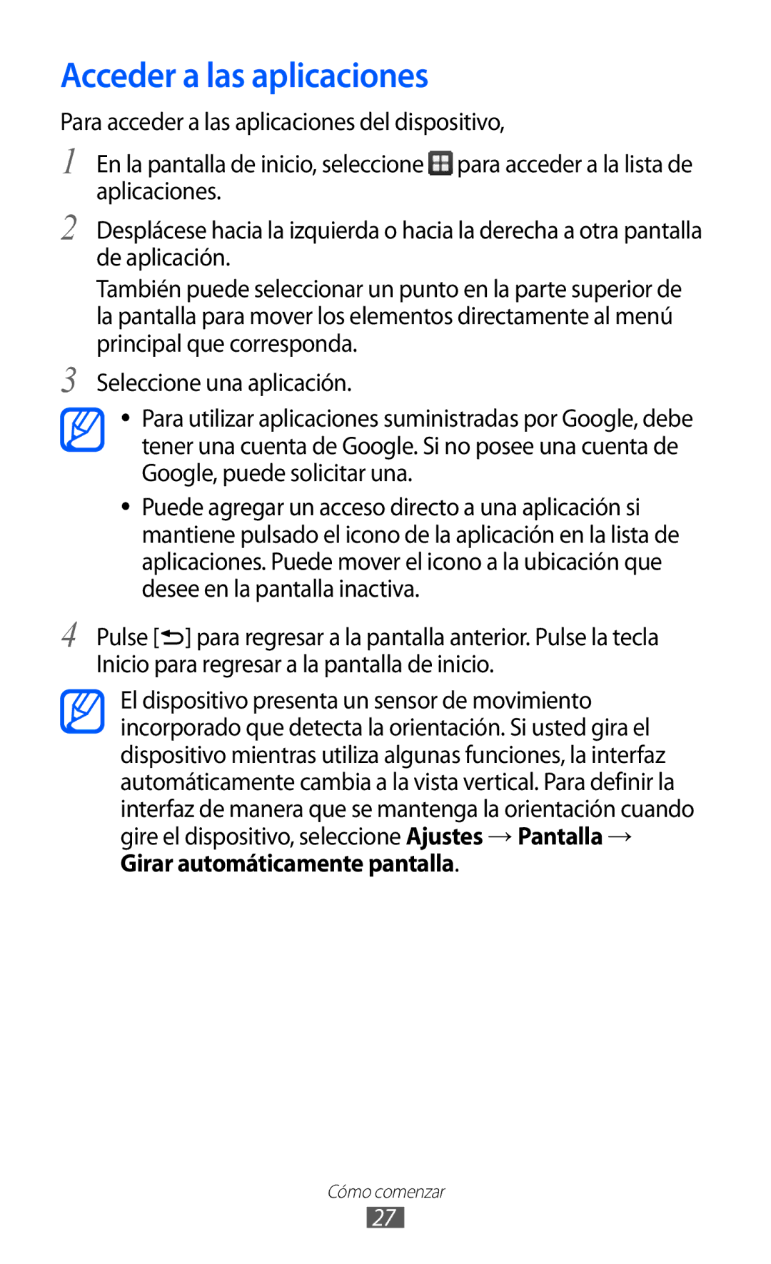 Samsung GT-B7510LKAFOP, GT-B7510CWAFOP, GT-B7510ISAFOP, GT-B7510ISAATL manual Acceder a las aplicaciones 