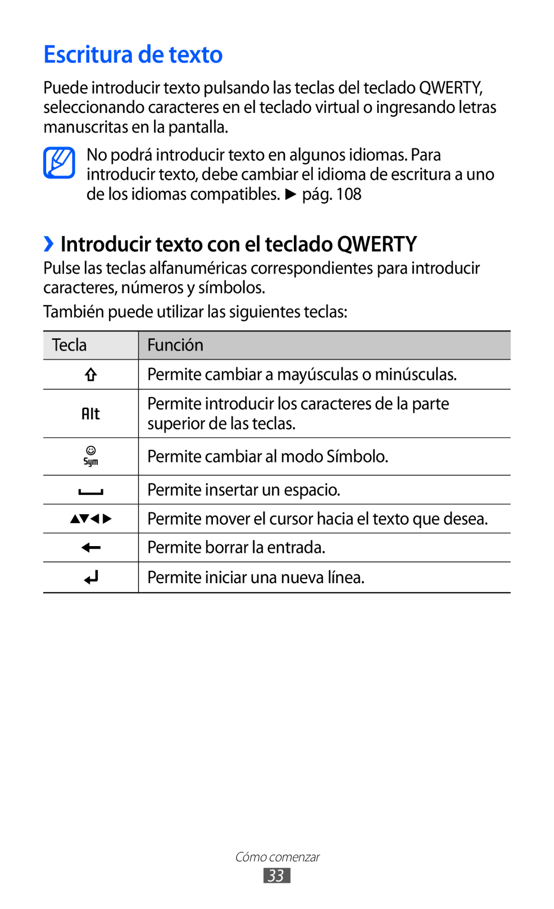 Samsung GT-B7510ISAFOP manual Escritura de texto, ››Introducir texto con el teclado Qwerty, Permite borrar la entrada 