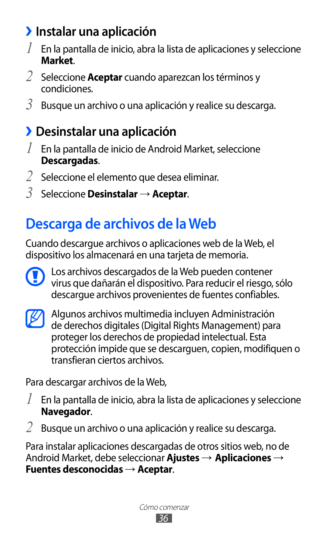 Samsung GT-B7510CWAFOP Descarga de archivos de la Web, ››Instalar una aplicación, ››Desinstalar una aplicación, Market 