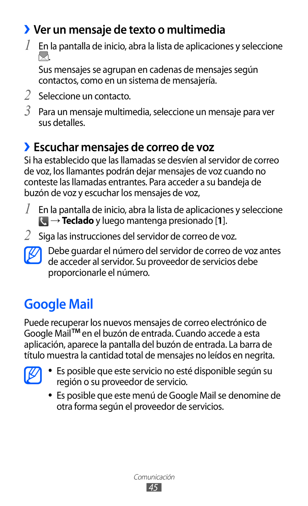 Samsung GT-B7510ISAFOP manual Google Mail, ››Ver un mensaje de texto o multimedia, ››Escuchar mensajes de correo de voz 