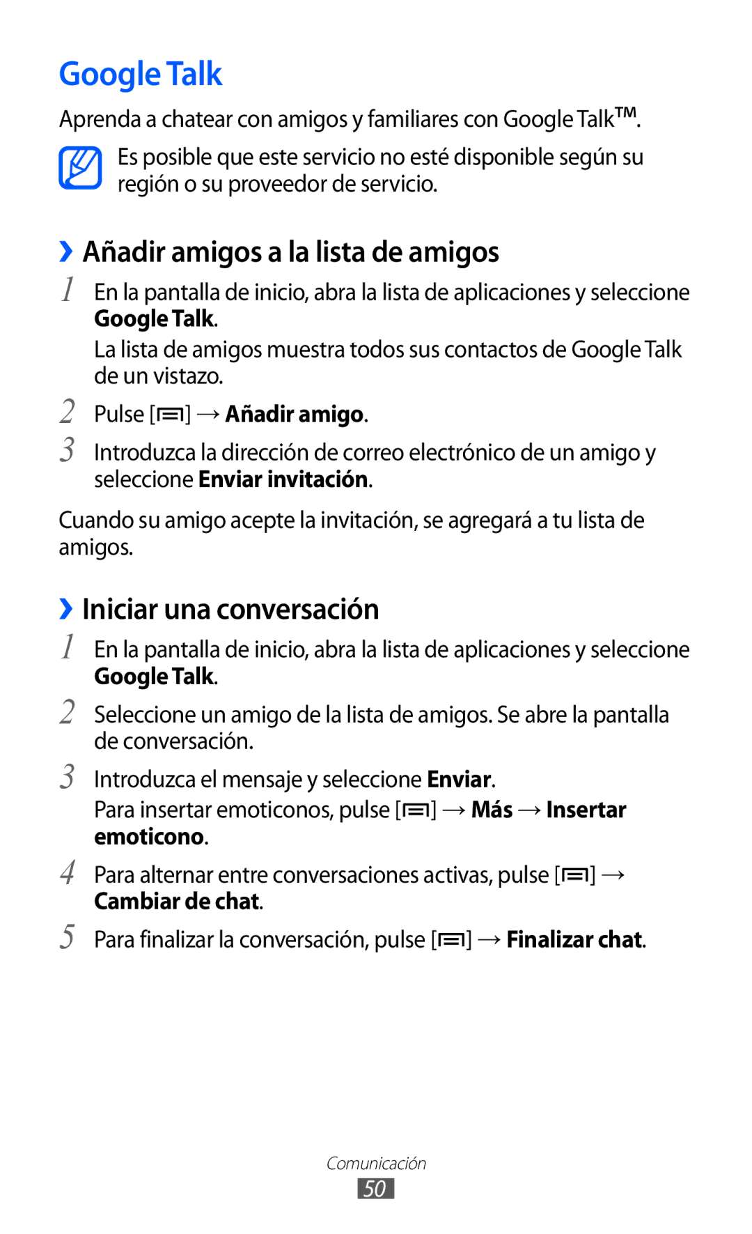 Samsung GT-B7510ISAATL, GT-B7510CWAFOP manual Google Talk, ››Añadir amigos a la lista de amigos, ››Iniciar una conversación 