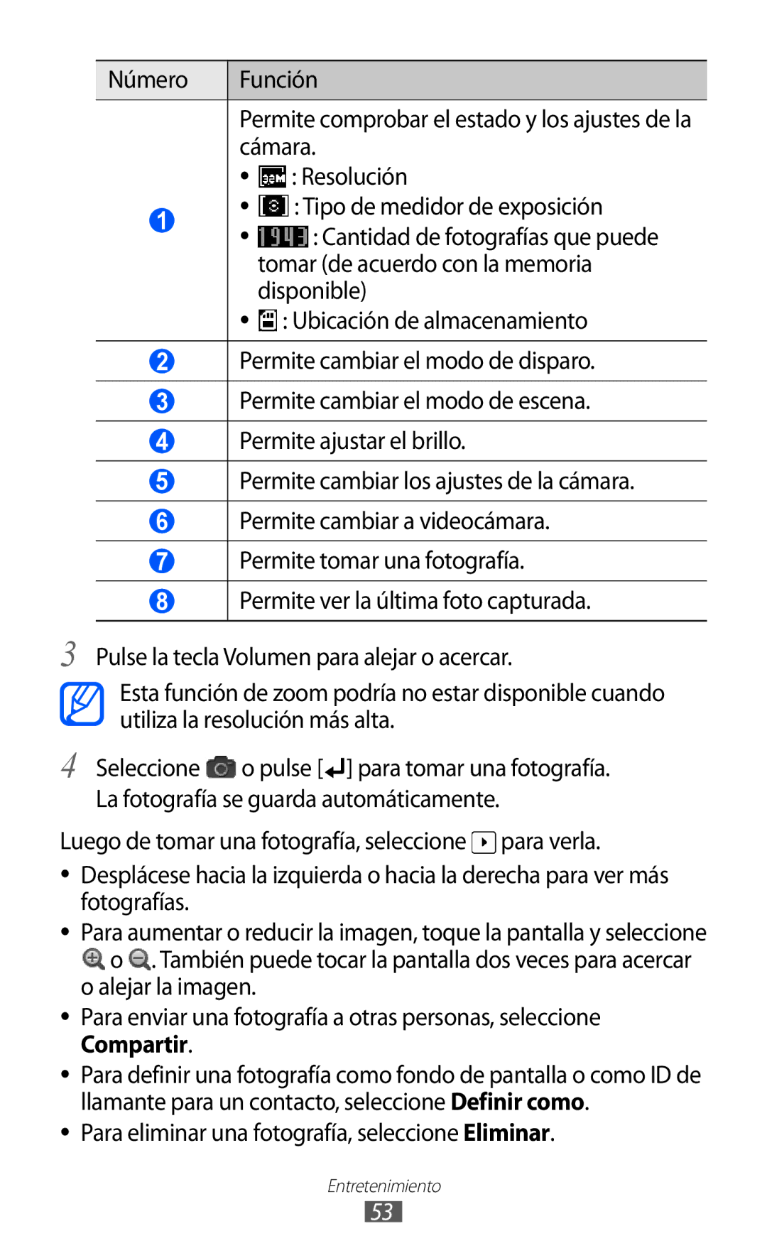 Samsung GT-B7510ISAFOP Número Función, Cámara, Resolución, Tipo de medidor de exposición, Tomar de acuerdo con la memoria 