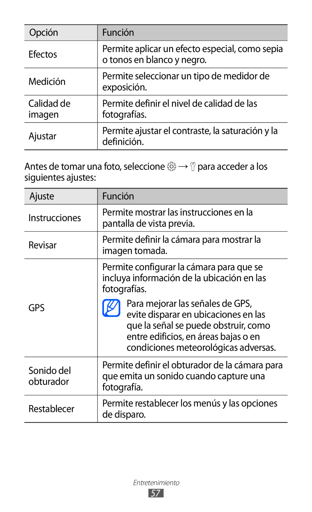 Samsung GT-B7510ISAFOP manual Opción Función Efectos, Tonos en blanco y negro, Medición, Exposición, Sonido del, Obturador 