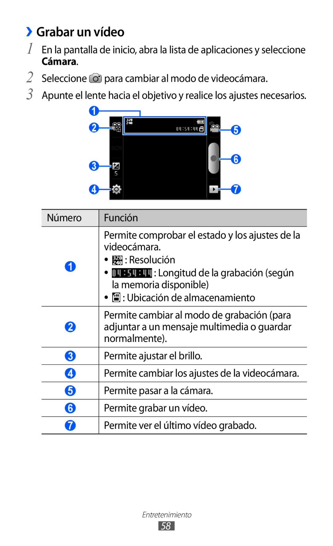 Samsung GT-B7510ISAATL, GT-B7510CWAFOP manual ››Grabar un vídeo, Seleccione para cambiar al modo de videocámara, Videocámara 