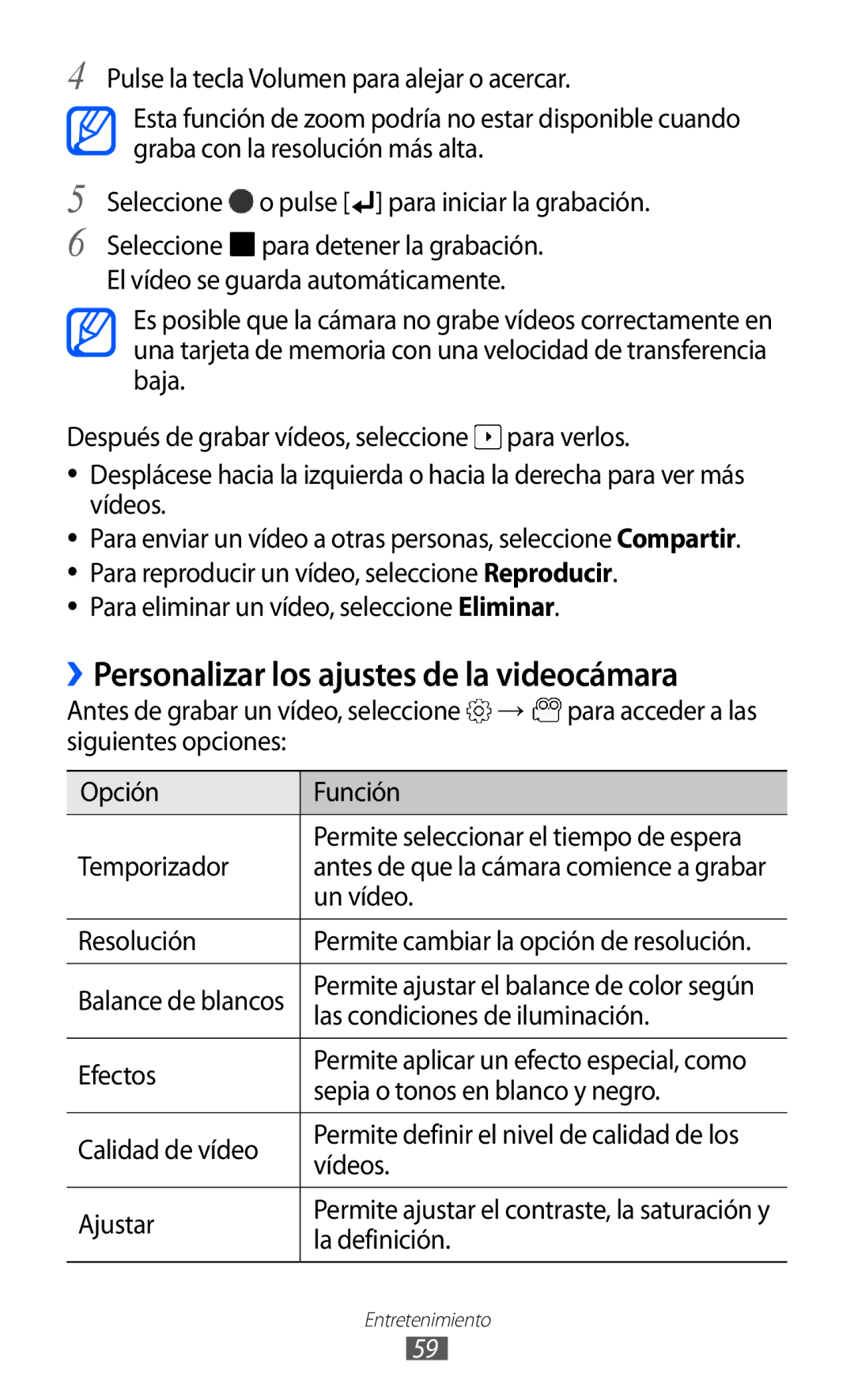 Samsung GT-B7510LKAFOP, GT-B7510CWAFOP, GT-B7510ISAFOP, GT-B7510ISAATL manual ››Personalizar los ajustes de la videocámara 