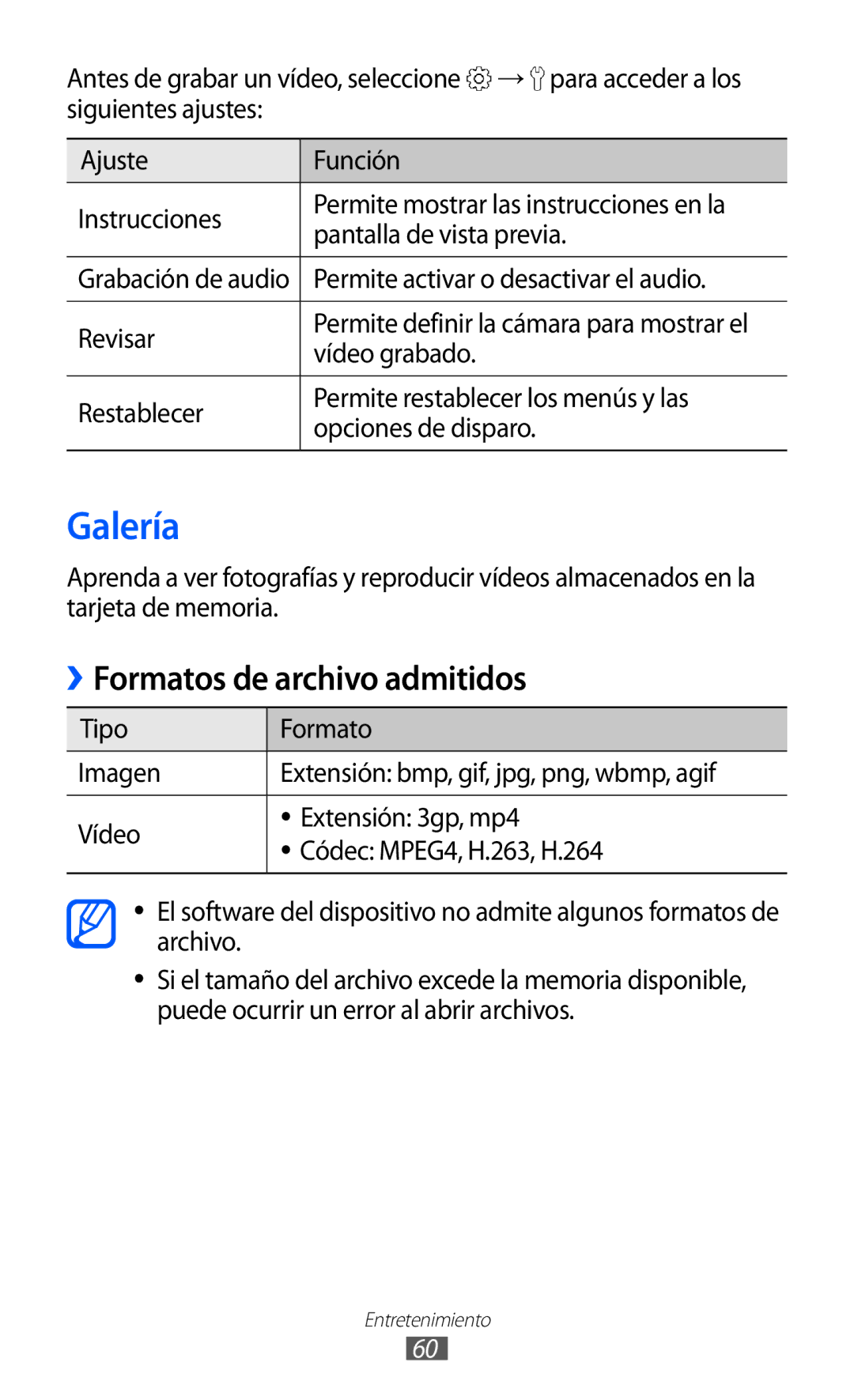 Samsung GT-B7510CWAFOP manual Galería, Formatos de archivo admitidos, Permite activar o desactivar el audio, Vídeo grabado 