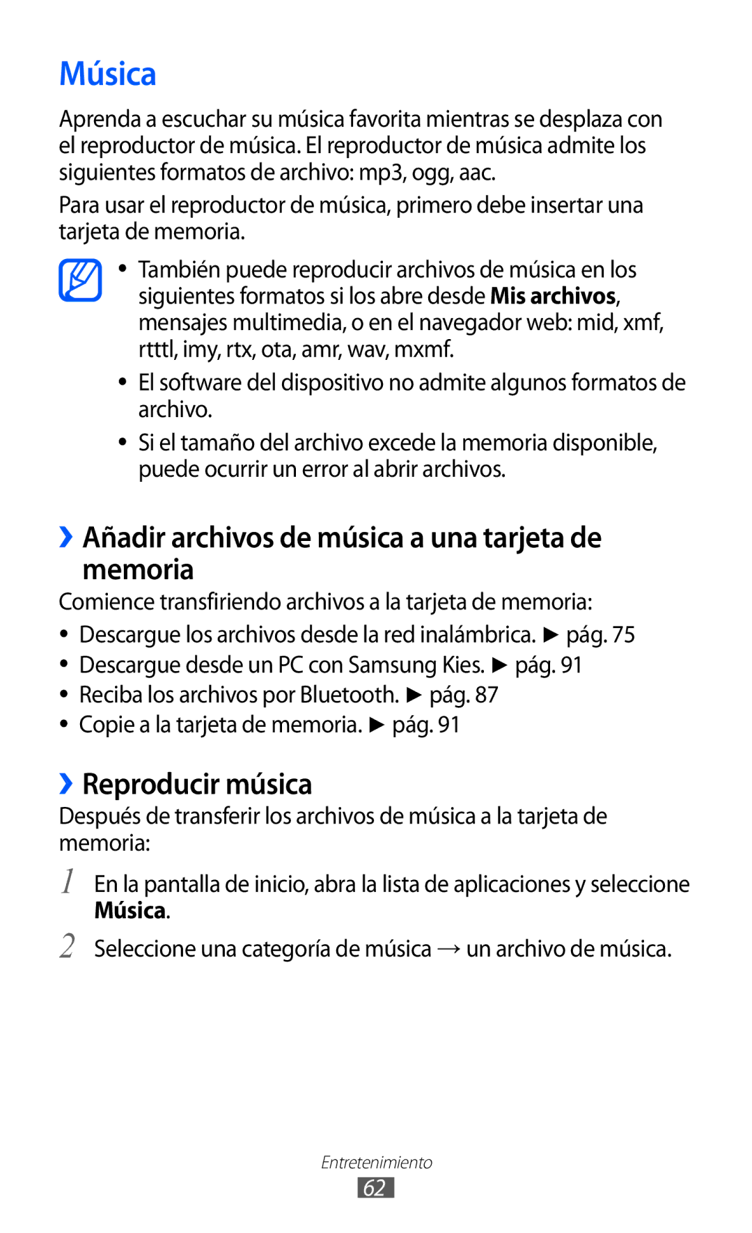 Samsung GT-B7510ISAATL, GT-B7510CWAFOP Música, ››Añadir archivos de música a una tarjeta de memoria, ››Reproducir música 