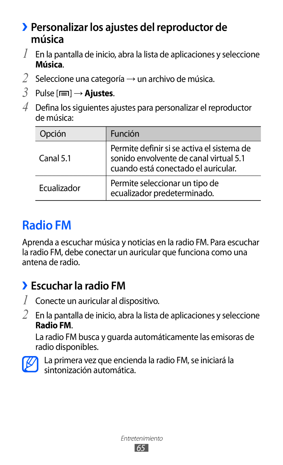 Samsung GT-B7510ISAFOP manual Radio FM, ››Personalizar los ajustes del reproductor de música, ››Escuchar la radio FM 