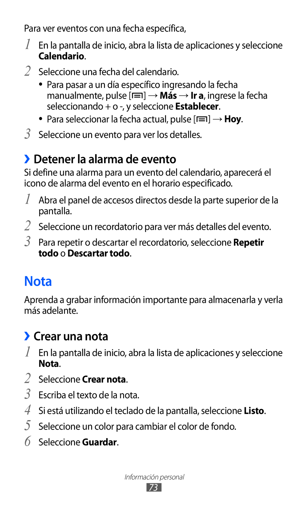 Samsung GT-B7510ISAFOP, GT-B7510CWAFOP, GT-B7510ISAATL, GT-B7510LKAFOP Nota, ››Detener la alarma de evento, ››Crear una nota 