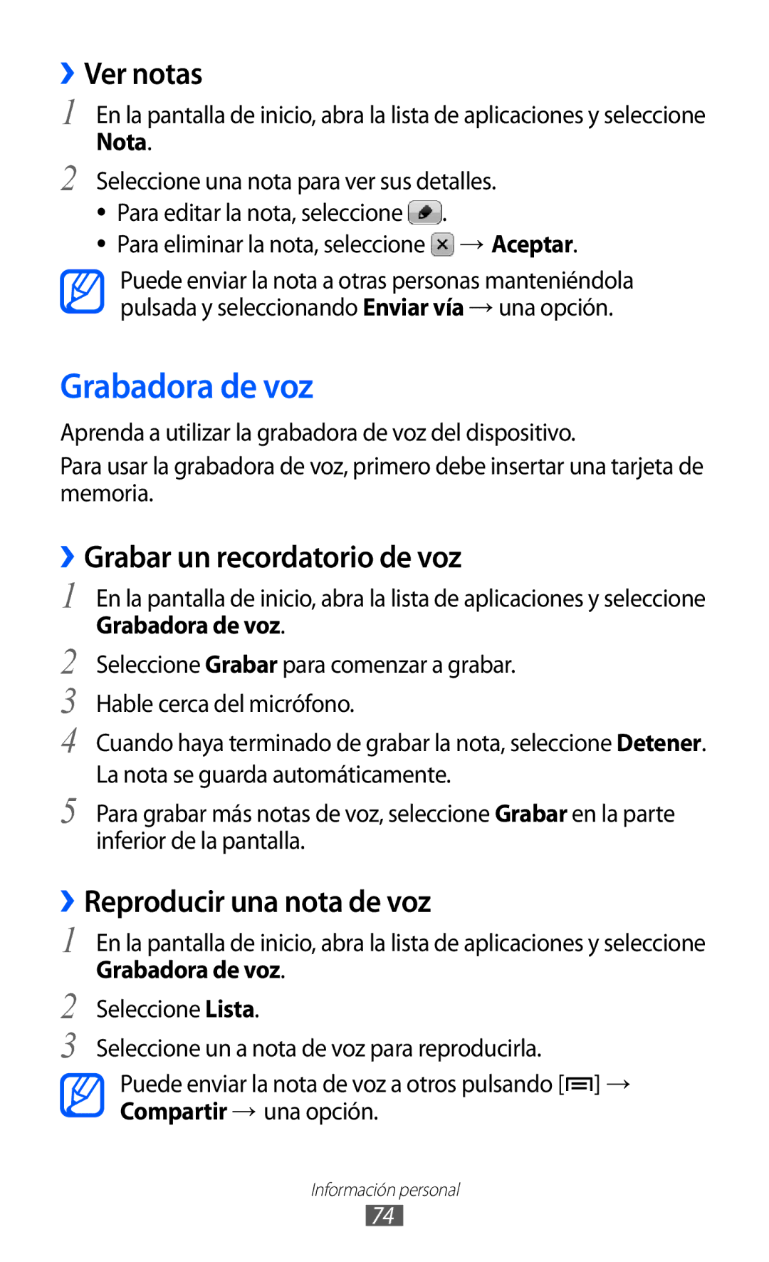 Samsung GT-B7510ISAATL manual Grabadora de voz, ››Ver notas, ››Grabar un recordatorio de voz, ››Reproducir una nota de voz 