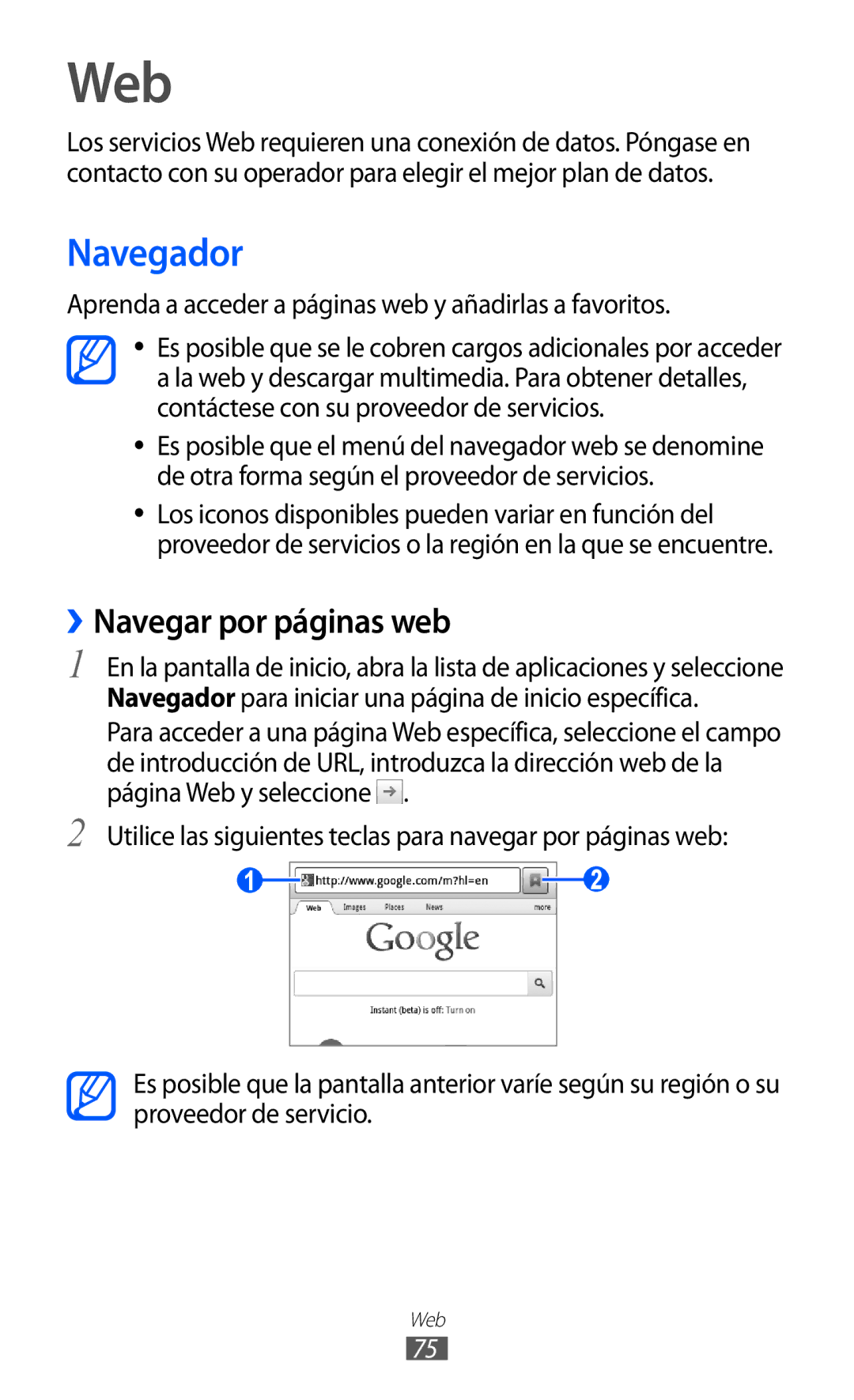 Samsung GT-B7510LKAFOP Web, Navegador, ››Navegar por páginas web, Aprenda a acceder a páginas web y añadirlas a favoritos 