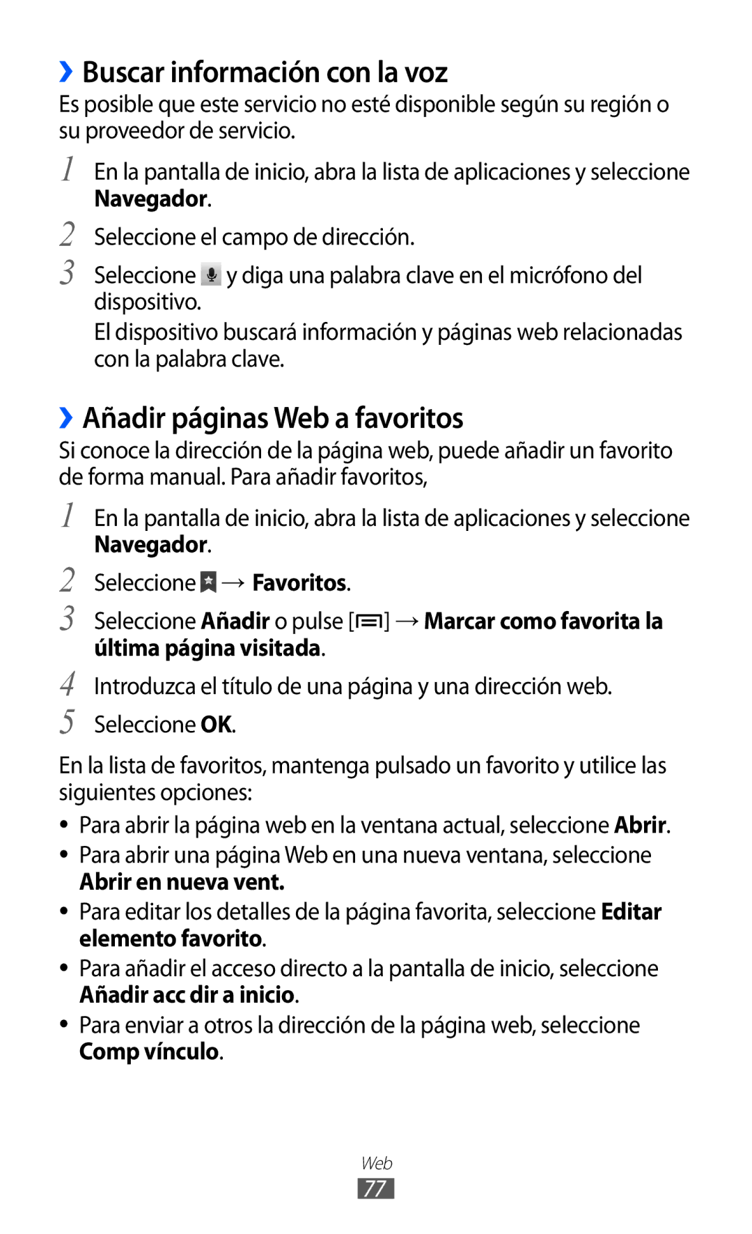 Samsung GT-B7510ISAFOP ››Buscar información con la voz, ››Añadir páginas Web a favoritos, Navegador, Abrir en nueva vent 