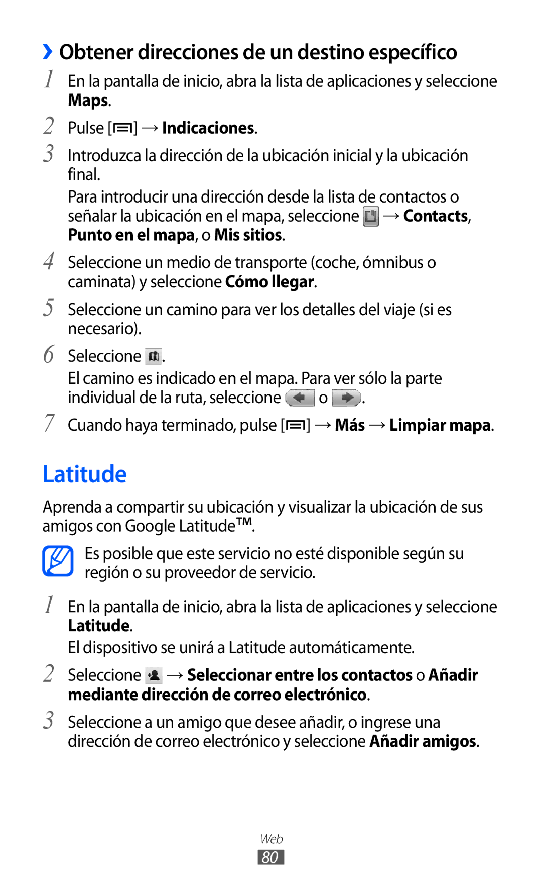 Samsung GT-B7510CWAFOP, GT-B7510ISAFOP, GT-B7510ISAATL manual Latitude, ››Obtener direcciones de un destino específico 