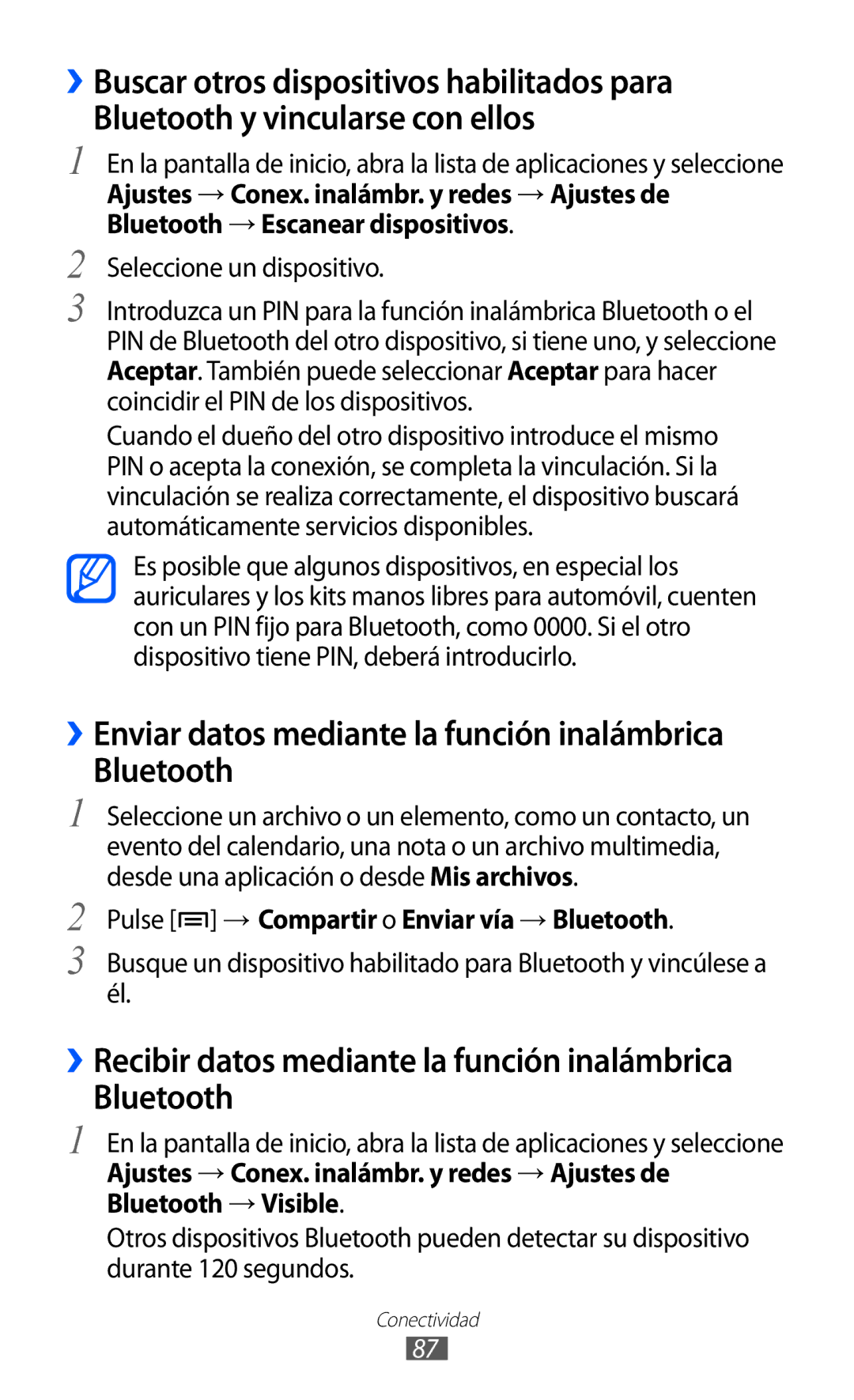 Samsung GT-B7510LKAFOP, GT-B7510CWAFOP, GT-B7510ISAFOP manual ››Enviar datos mediante la función inalámbrica Bluetooth 