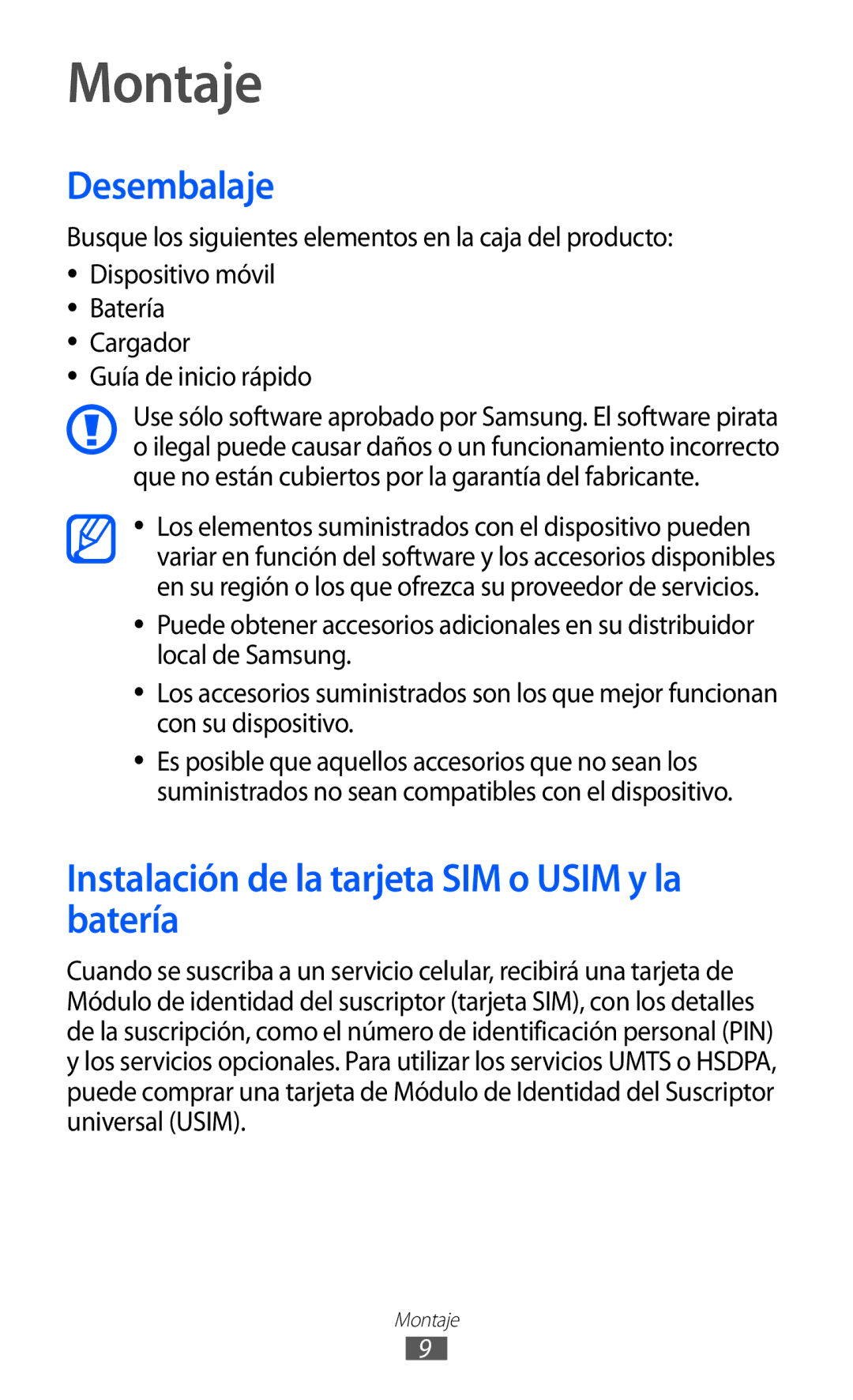 Samsung GT-B7510ISAFOP, GT-B7510CWAFOP manual Montaje, Desembalaje, Instalación de la tarjeta SIM o Usim y la batería 