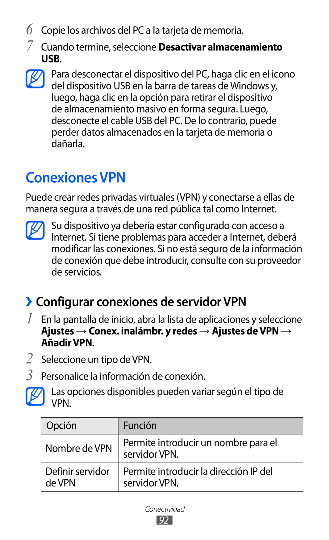 Samsung GT-B7510CWAFOP manual Conexiones VPN, ››Configurar conexiones de servidor VPN, Permite introducir un nombre para el 