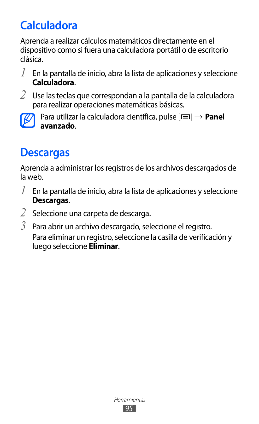 Samsung GT-B7510LKAFOP, GT-B7510CWAFOP, GT-B7510ISAFOP, GT-B7510ISAATL manual Calculadora, Descargas 