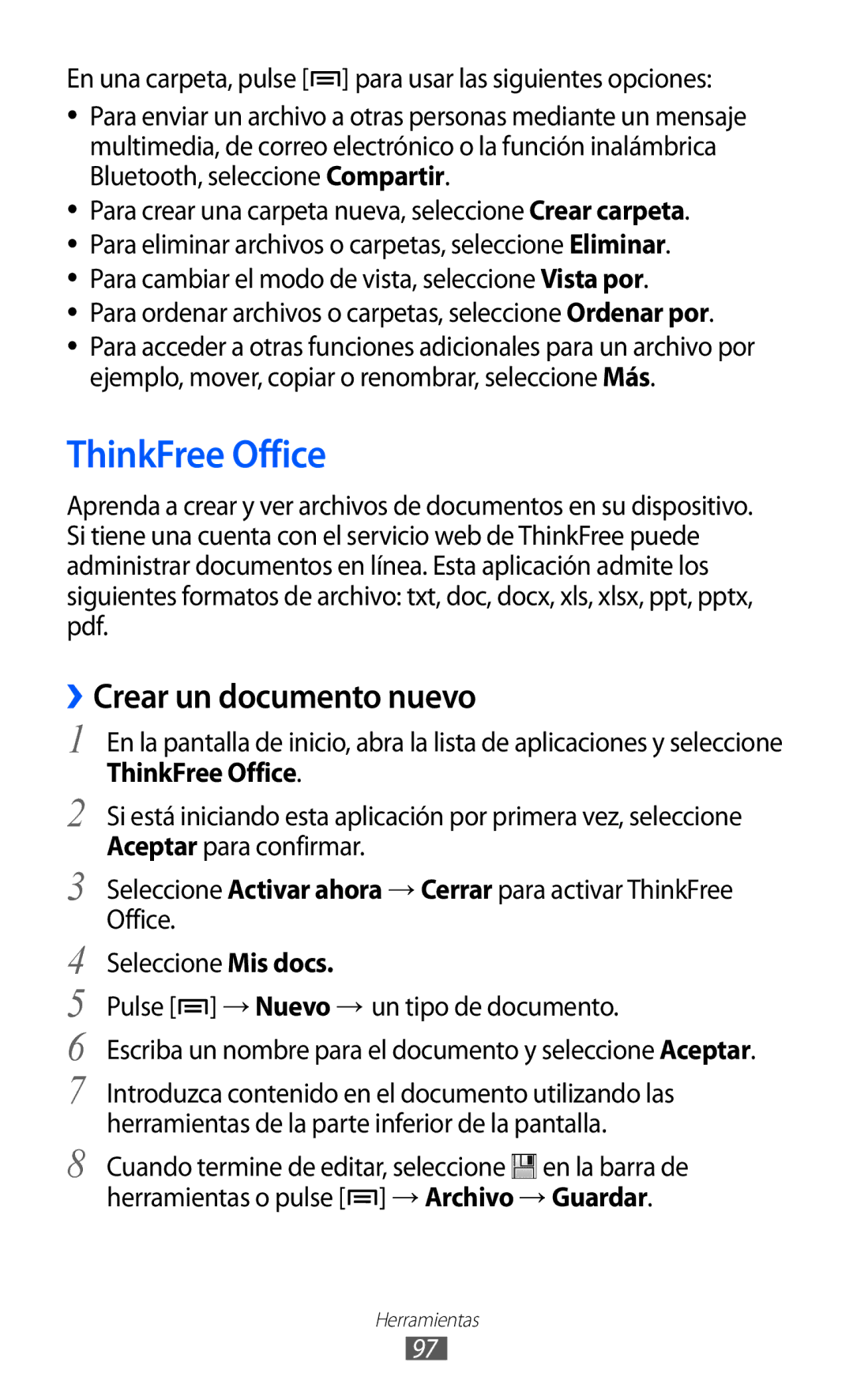 Samsung GT-B7510ISAFOP, GT-B7510CWAFOP, GT-B7510ISAATL, GT-B7510LKAFOP manual ThinkFree Office, ››Crear un documento nuevo 