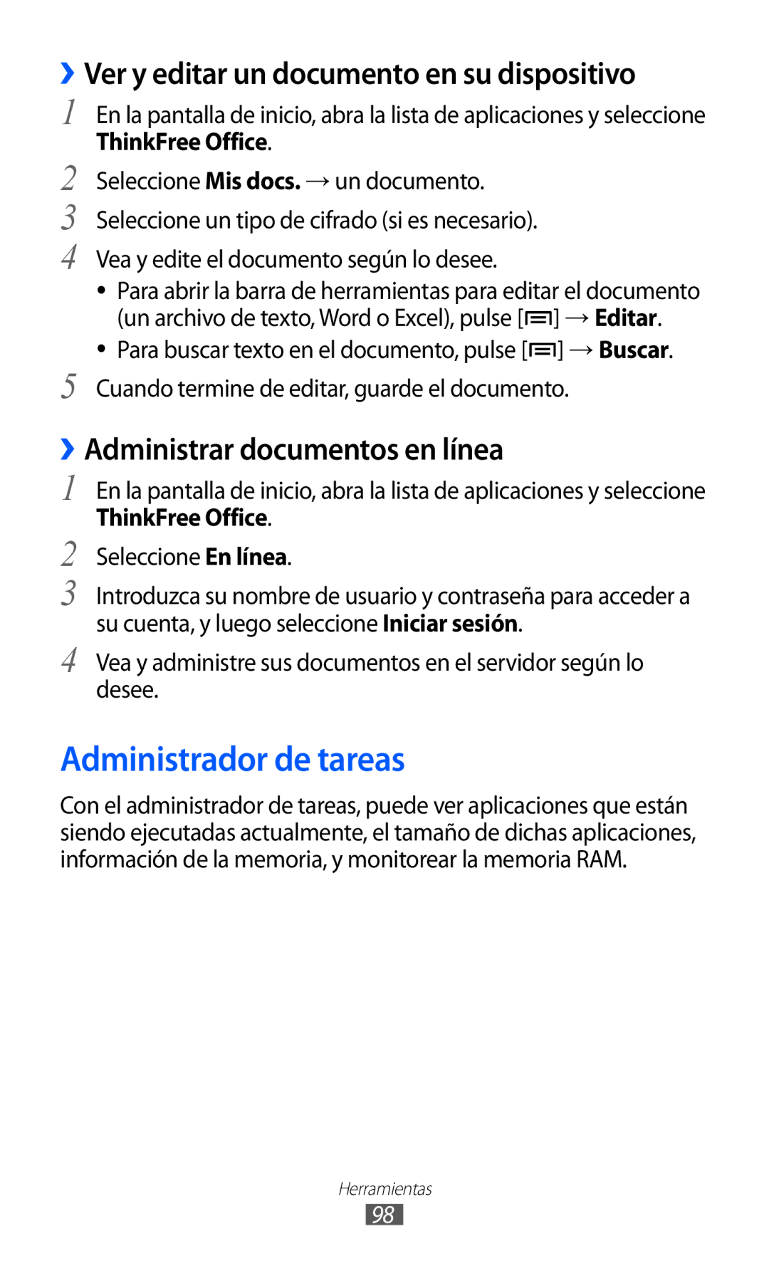 Samsung GT-B7510ISAATL manual Administrador de tareas, ››Ver y editar un documento en su dispositivo, ThinkFree Office 