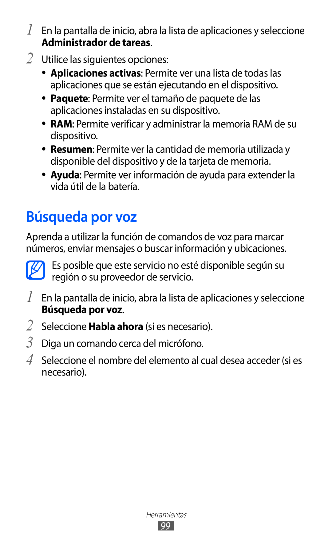 Samsung GT-B7510LKAFOP, GT-B7510CWAFOP manual Búsqueda por voz, Administrador de tareas, Utilice las siguientes opciones 