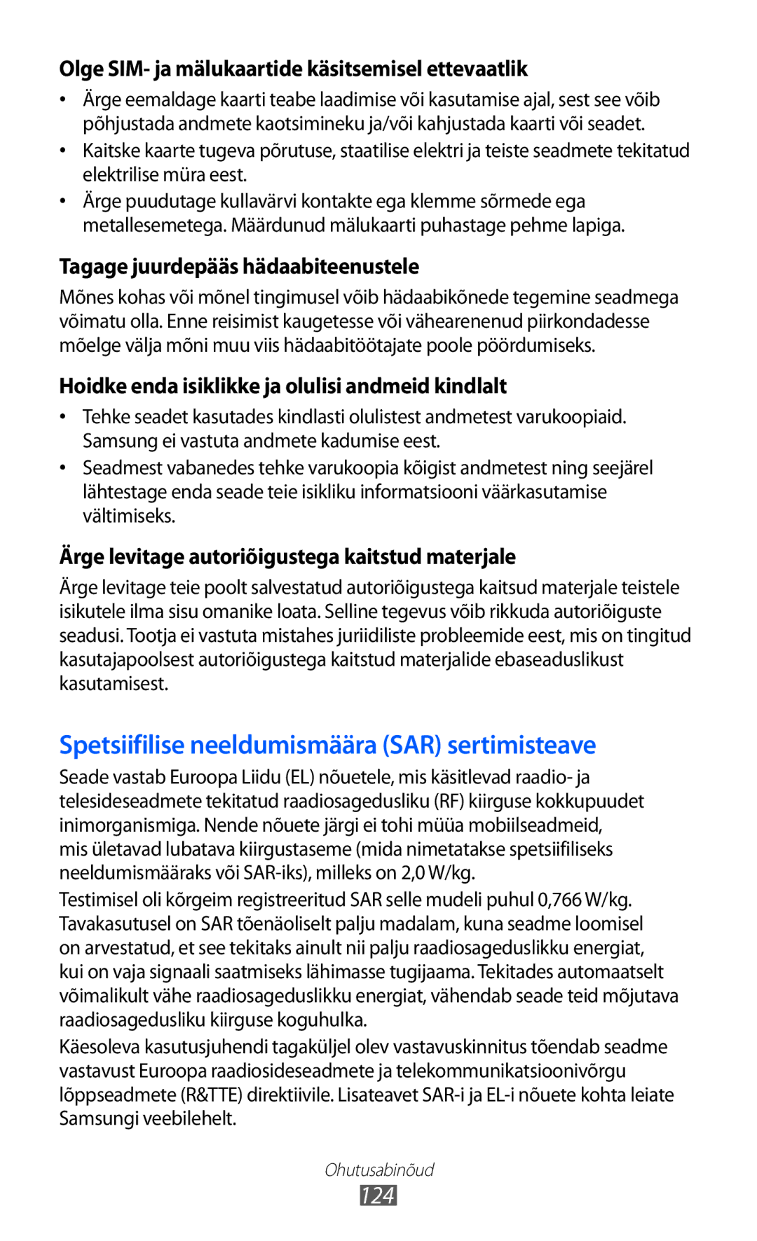 Samsung GT-B7510ISASEB manual Spetsiifilise neeldumismäära SAR sertimisteave 