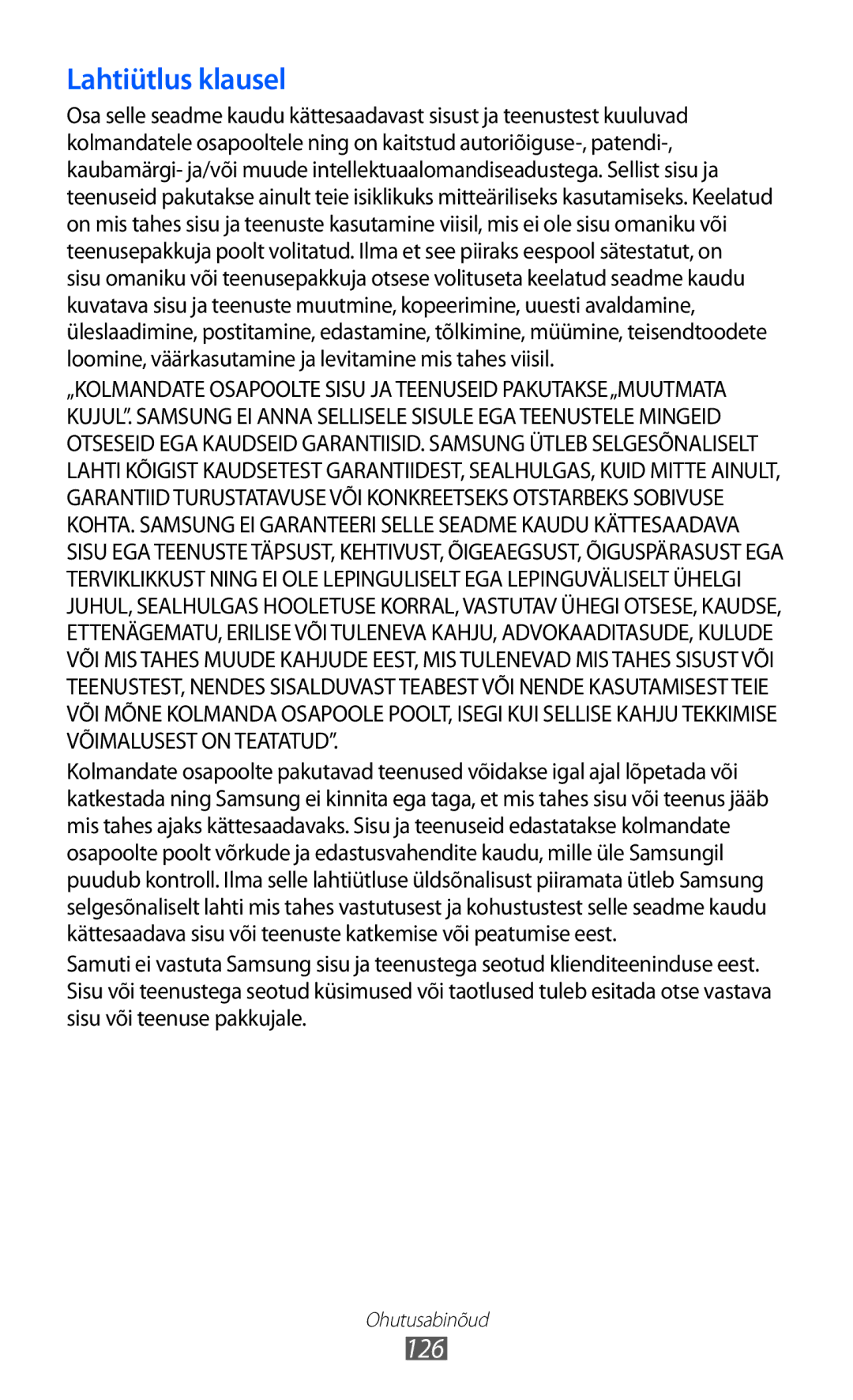 Samsung GT-B7510ISASEB manual Lahtiütlus klausel 