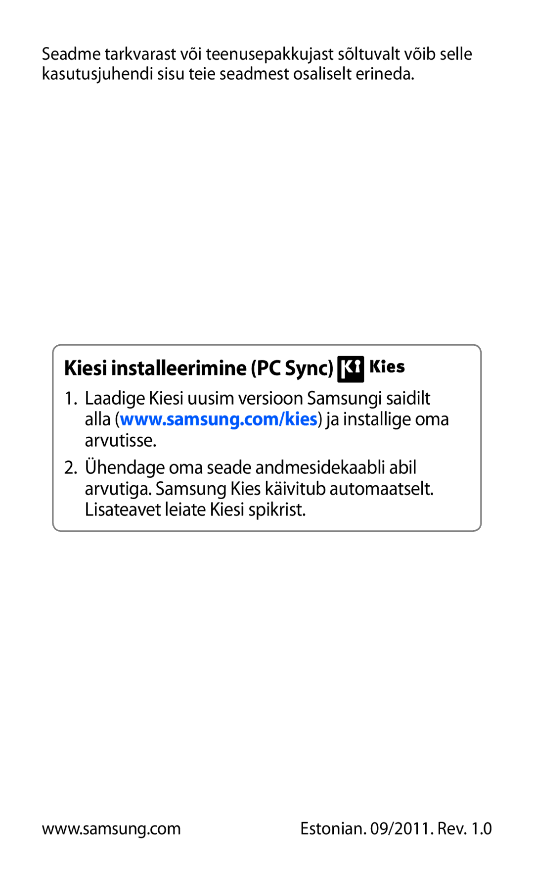 Samsung GT-B7510ISASEB manual Kiesi installeerimine PC Sync 