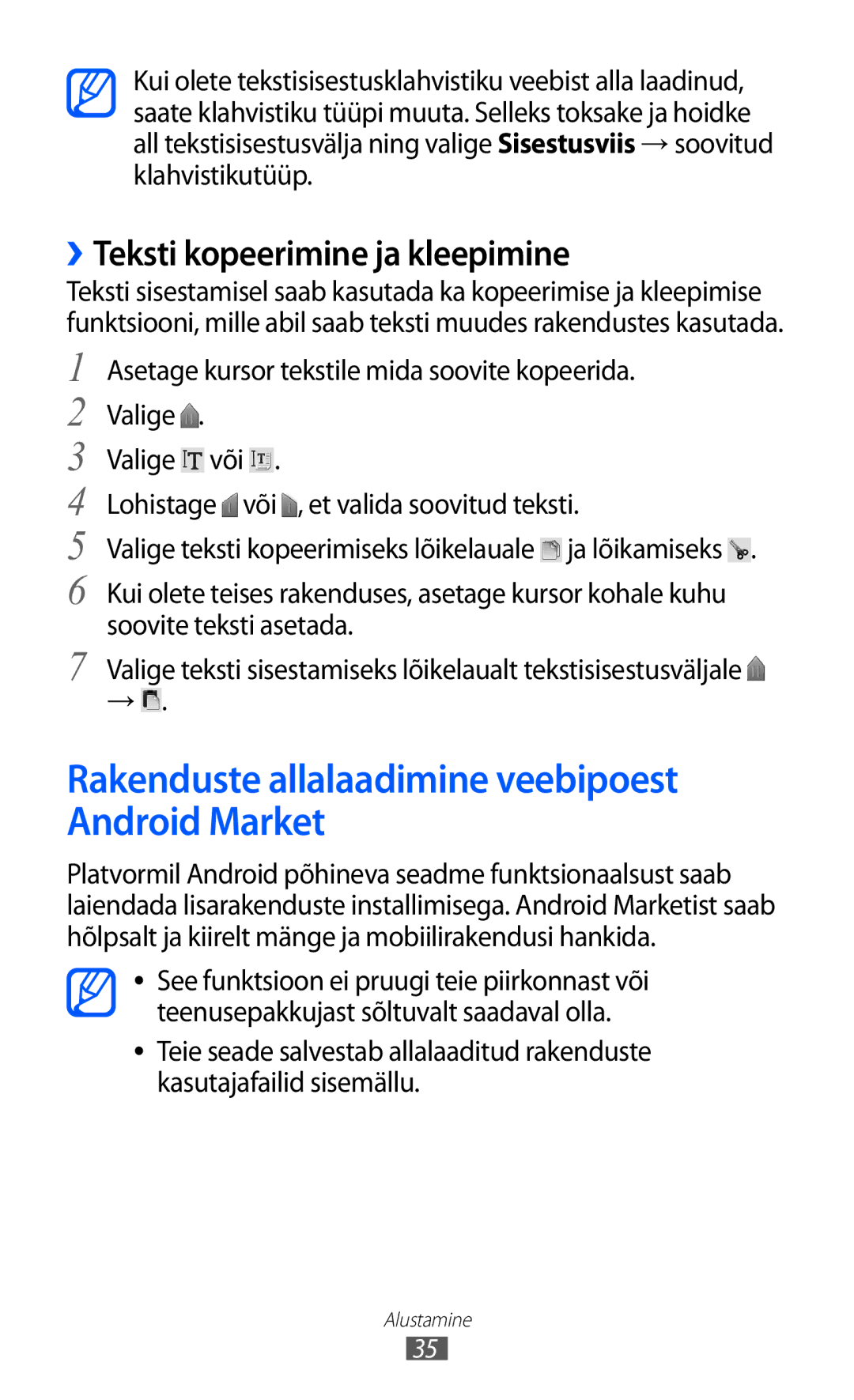 Samsung GT-B7510ISASEB manual Rakenduste allalaadimine veebipoest Android Market, ››Teksti kopeerimine ja kleepimine 