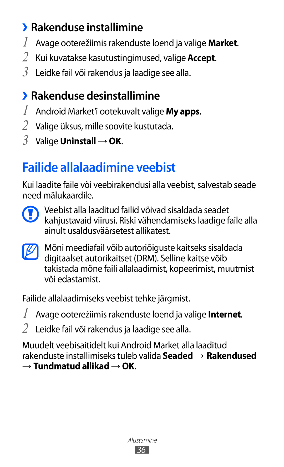 Samsung GT-B7510ISASEB manual Failide allalaadimine veebist, ››Rakenduse installimine, ››Rakenduse desinstallimine 