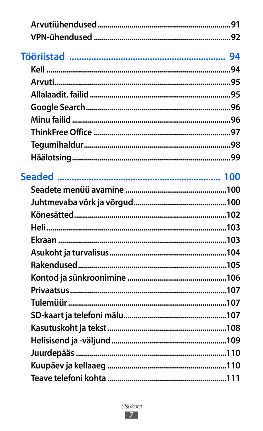 Samsung GT-B7510ISASEB manual 100, 102, 103, 104, 105, 106, 107, 108, 109, 110, 111 