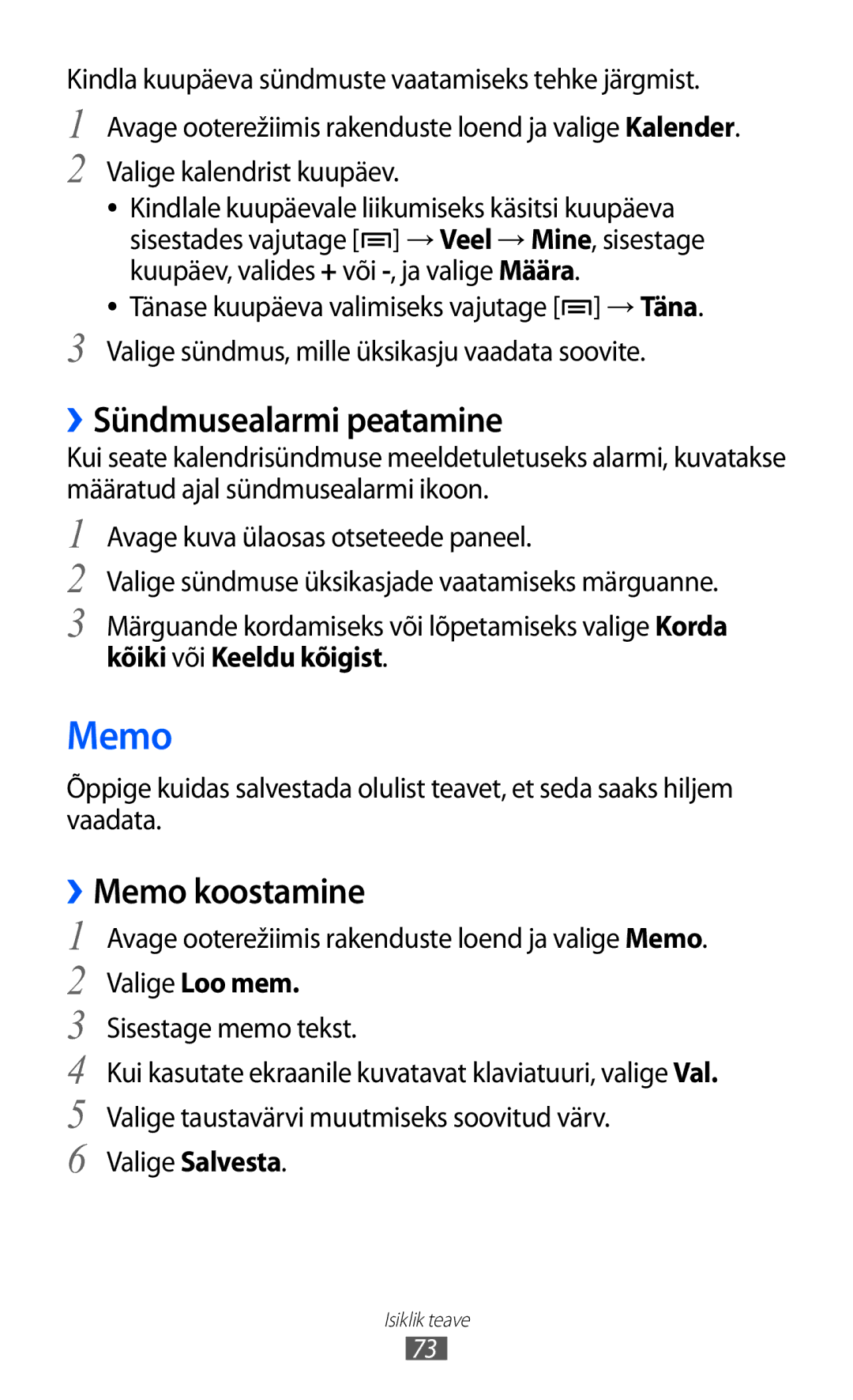 Samsung GT-B7510ISASEB manual ››Sündmusealarmi peatamine, ››Memo koostamine, Kõiki või Keeldu kõigist, Valige Loo mem 