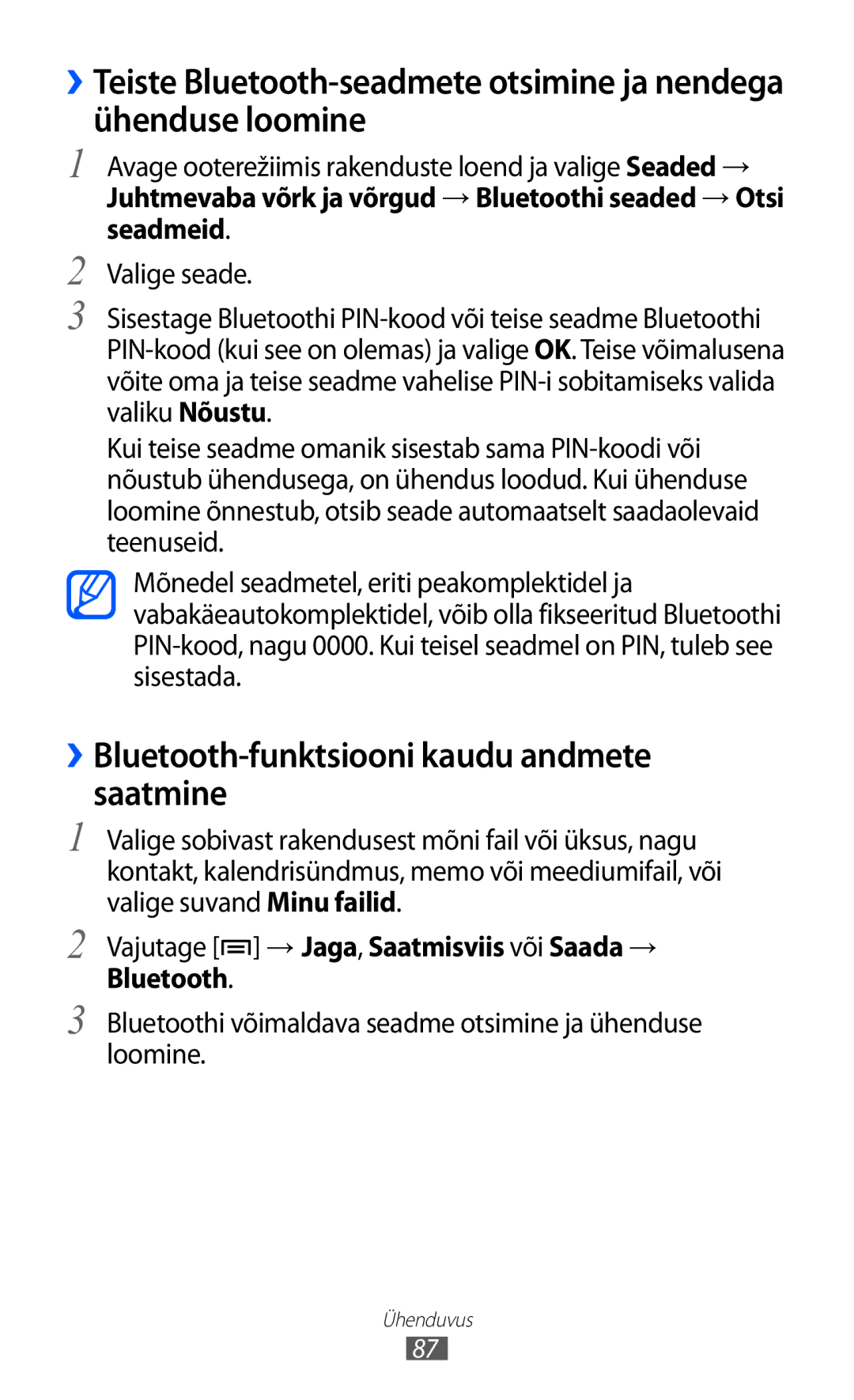 Samsung GT-B7510ISASEB manual ››Bluetooth-funktsiooni kaudu andmete saatmine 