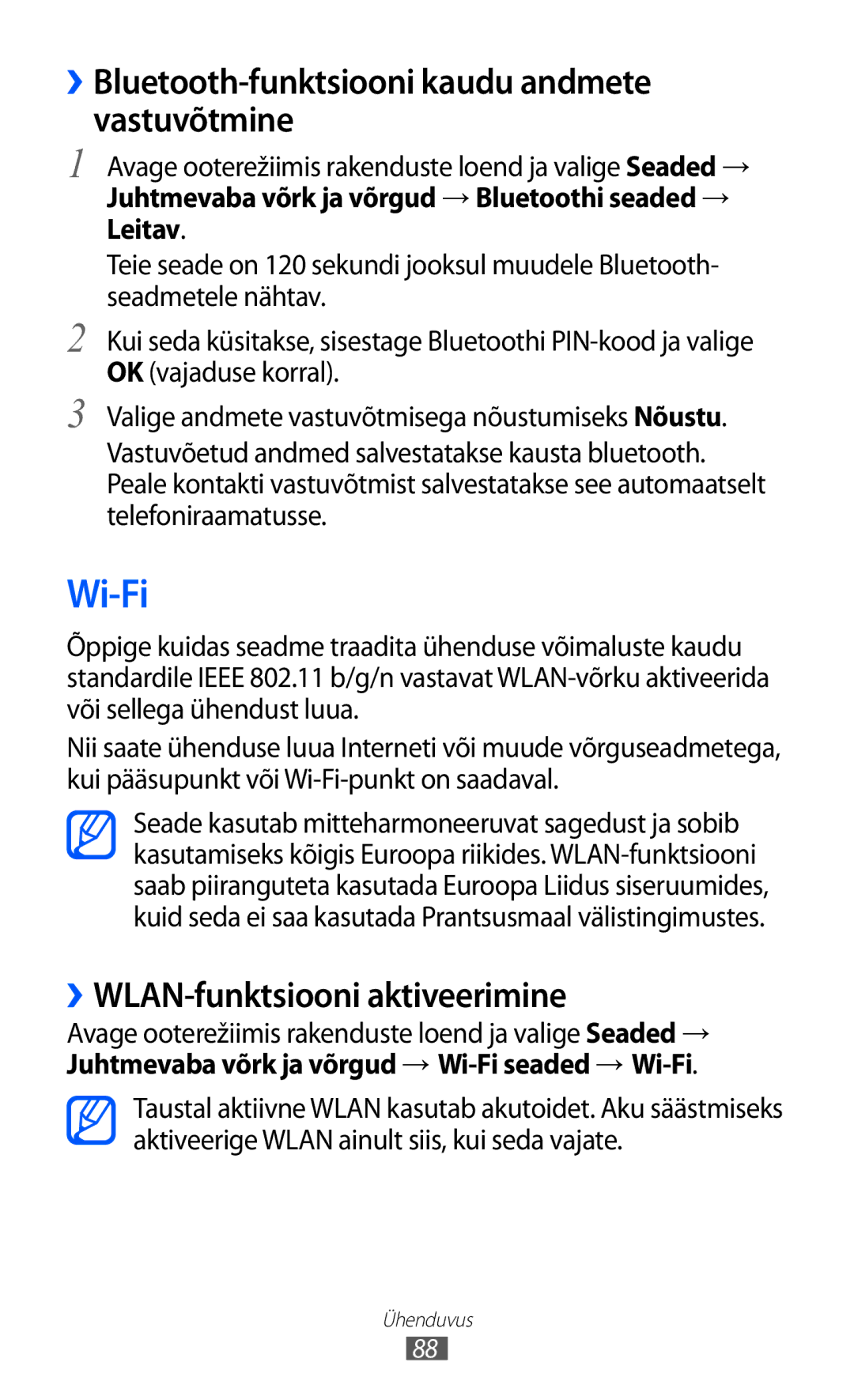 Samsung GT-B7510ISASEB manual Wi-Fi, ››Bluetooth-funktsiooni kaudu andmete vastuvõtmine, ››WLAN-funktsiooni aktiveerimine 