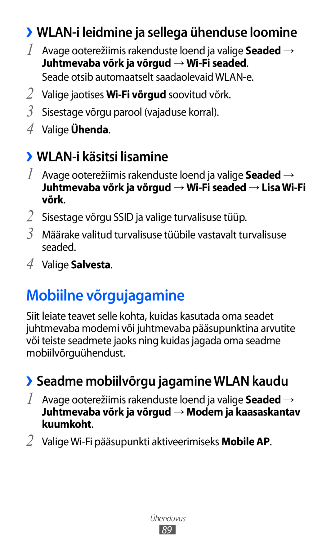 Samsung GT-B7510ISASEB manual Mobiilne võrgujagamine, ››WLAN-i käsitsi lisamine 