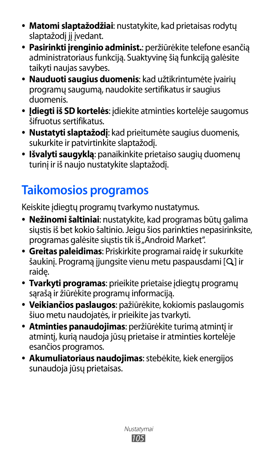 Samsung GT-B7510ISASEB manual Taikomosios programos, Keiskite įdiegtų programų tvarkymo nustatymus 