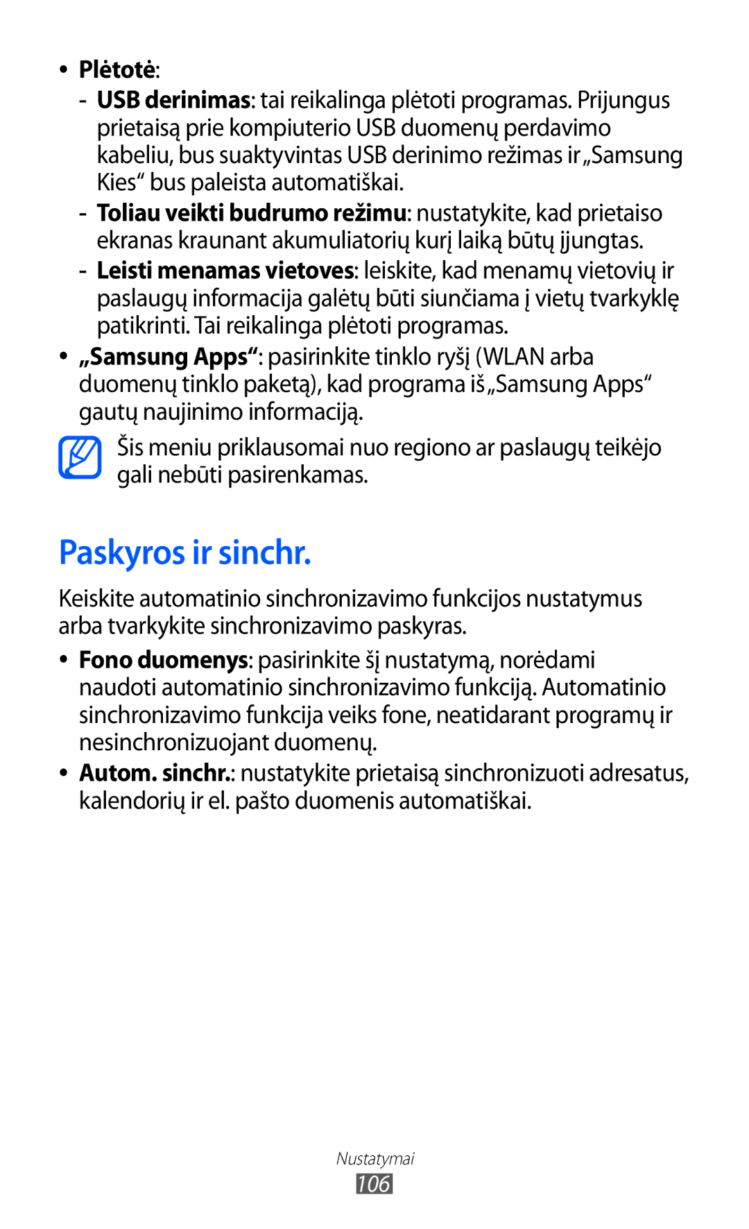 Samsung GT-B7510ISASEB manual Paskyros ir sinchr, Plėtotė 