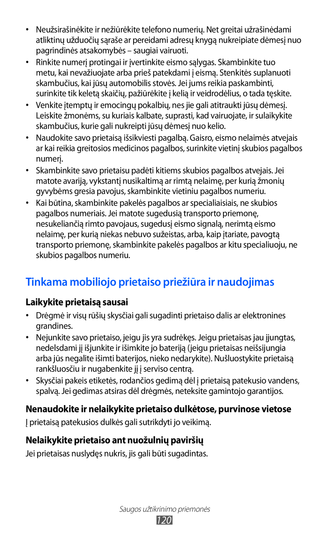 Samsung GT-B7510ISASEB manual Tinkama mobiliojo prietaiso priežiūra ir naudojimas 