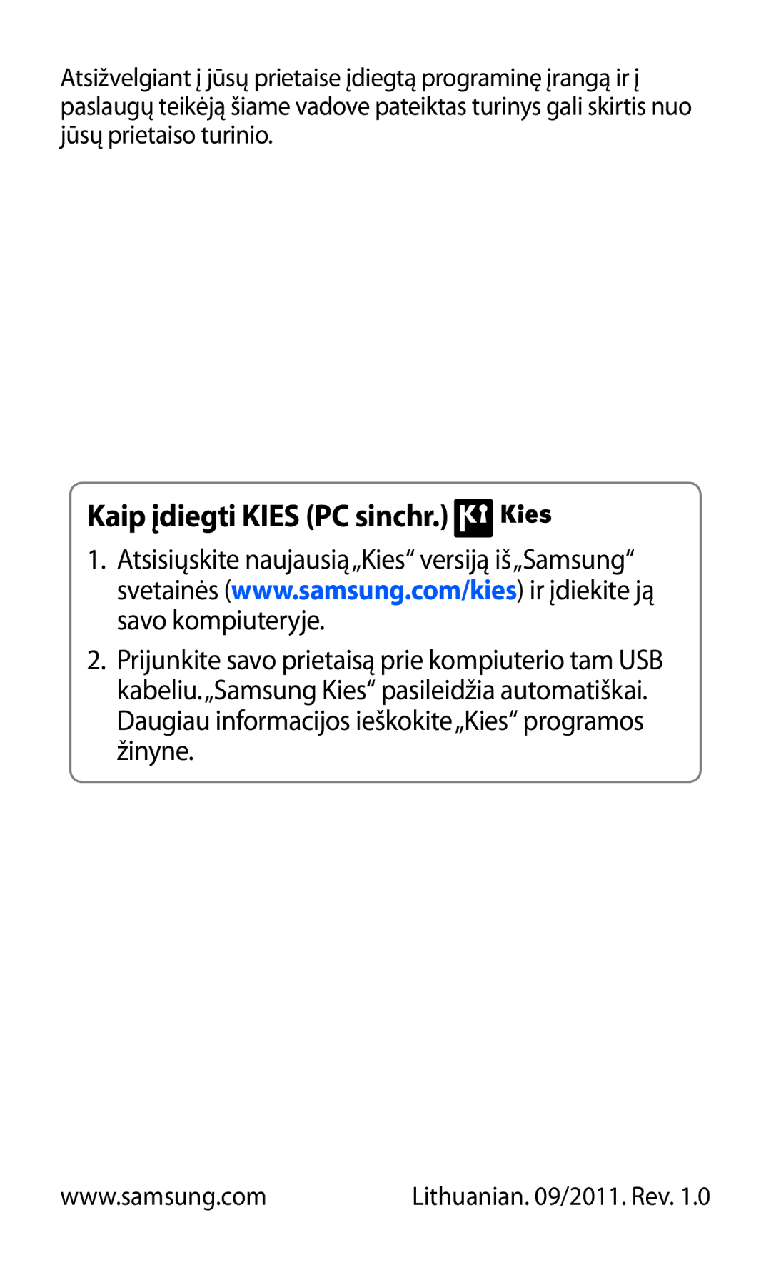 Samsung GT-B7510ISASEB manual Kaip įdiegti Kies PC sinchr 