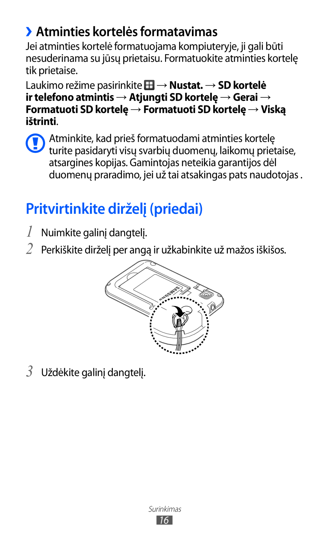 Samsung GT-B7510ISASEB manual Pritvirtinkite dirželį priedai, ››Atminties kortelės formatavimas 