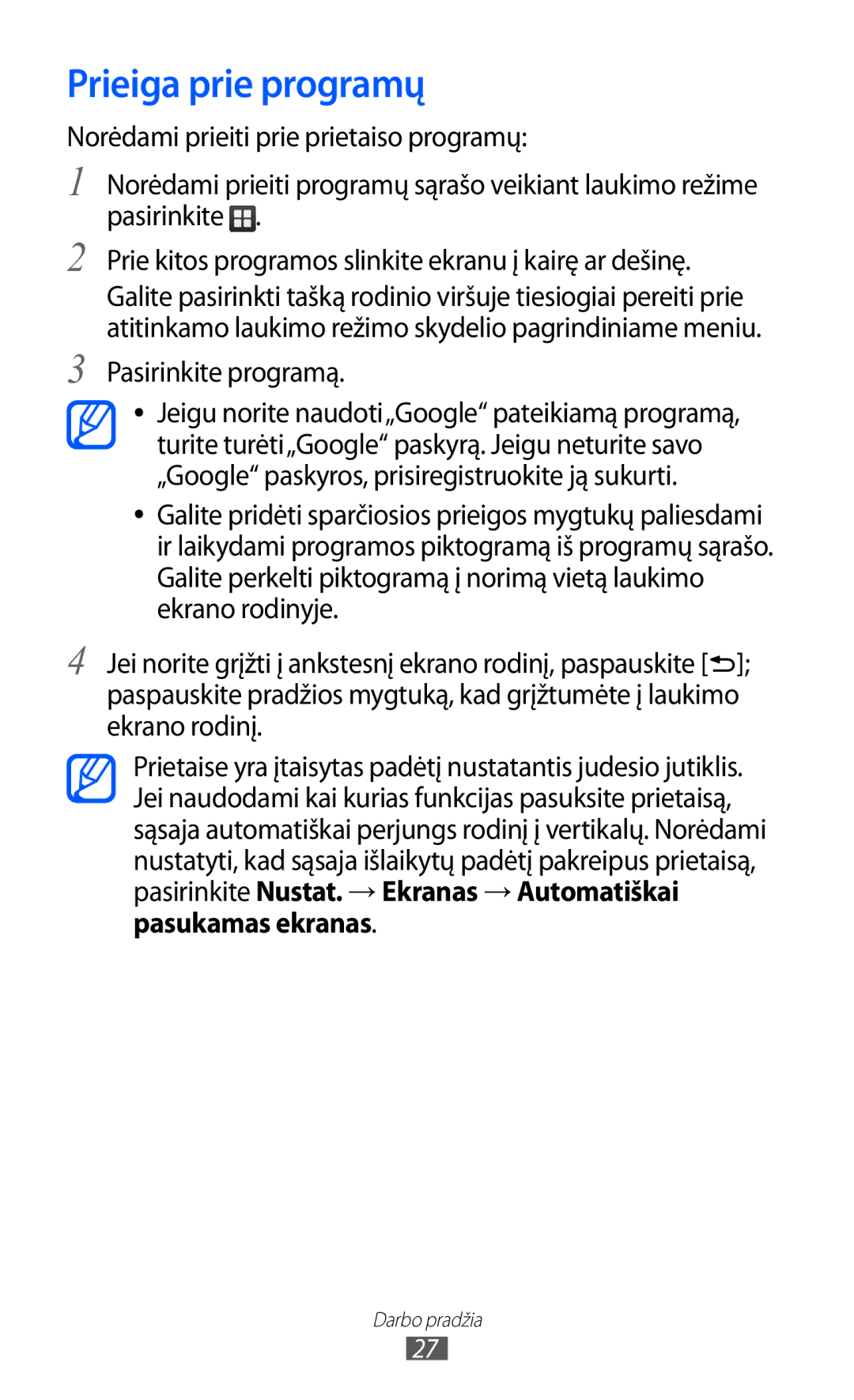 Samsung GT-B7510ISASEB manual Prieiga prie programų, Pasirinkite programą 