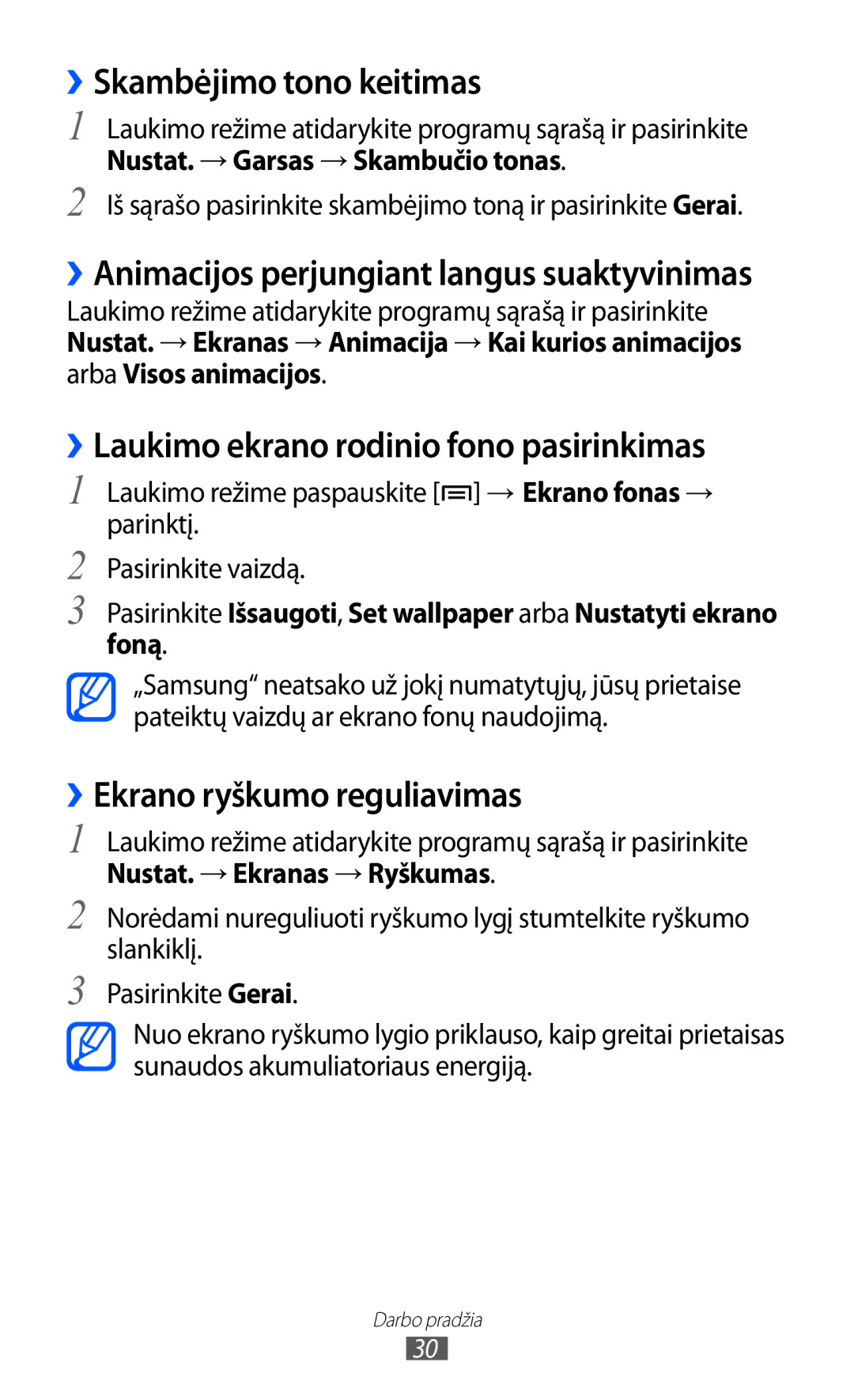 Samsung GT-B7510ISASEB manual ››Skambėjimo tono keitimas, ››Laukimo ekrano rodinio fono pasirinkimas 