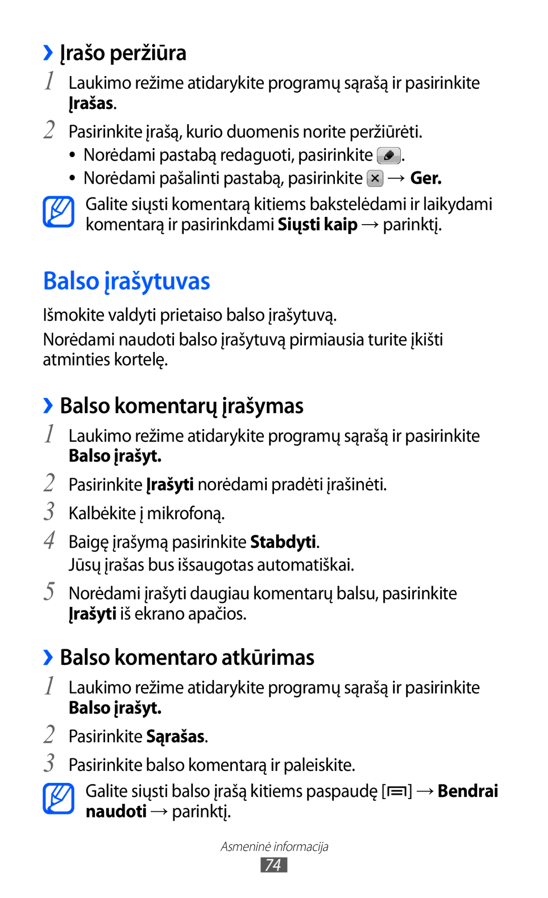 Samsung GT-B7510ISASEB manual Balso įrašytuvas, ››Įrašo peržiūra, ››Balso komentarų įrašymas, ››Balso komentaro atkūrimas 