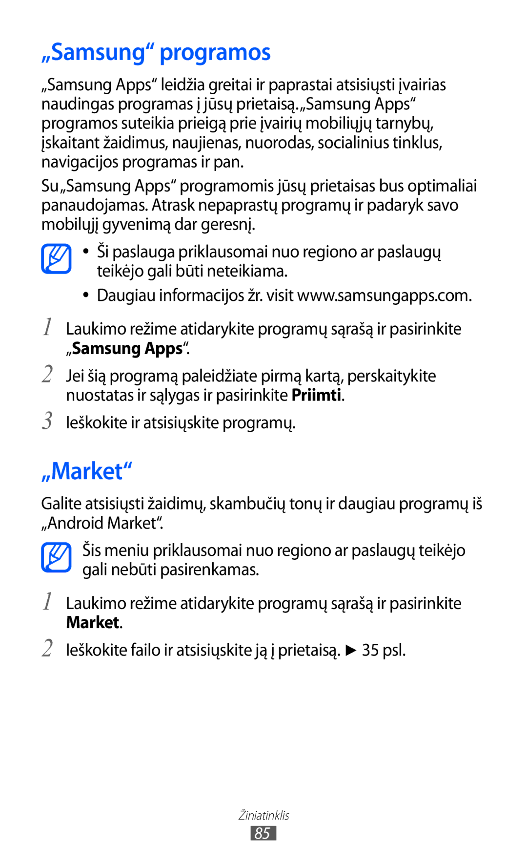 Samsung GT-B7510ISASEB manual „Samsung programos, „Market, Ieškokite ir atsisiųskite programų 