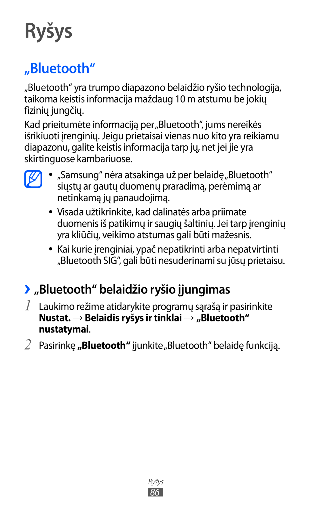 Samsung GT-B7510ISASEB manual Ryšys, ››„Bluetooth belaidžio ryšio įjungimas 