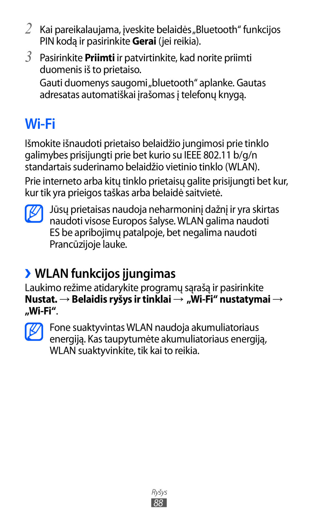 Samsung GT-B7510ISASEB manual Wi-Fi, ››WLAN funkcijos įjungimas 