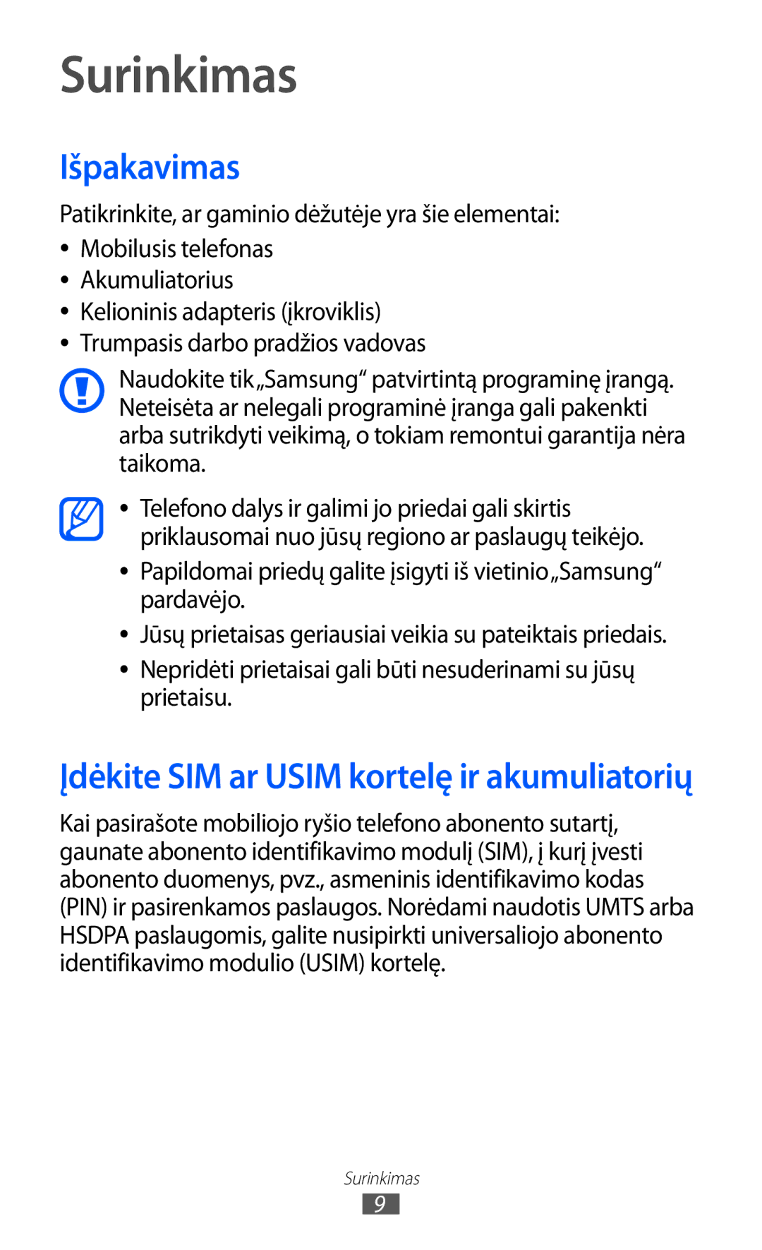 Samsung GT-B7510ISASEB manual Surinkimas, Išpakavimas, Patikrinkite, ar gaminio dėžutėje yra šie elementai 