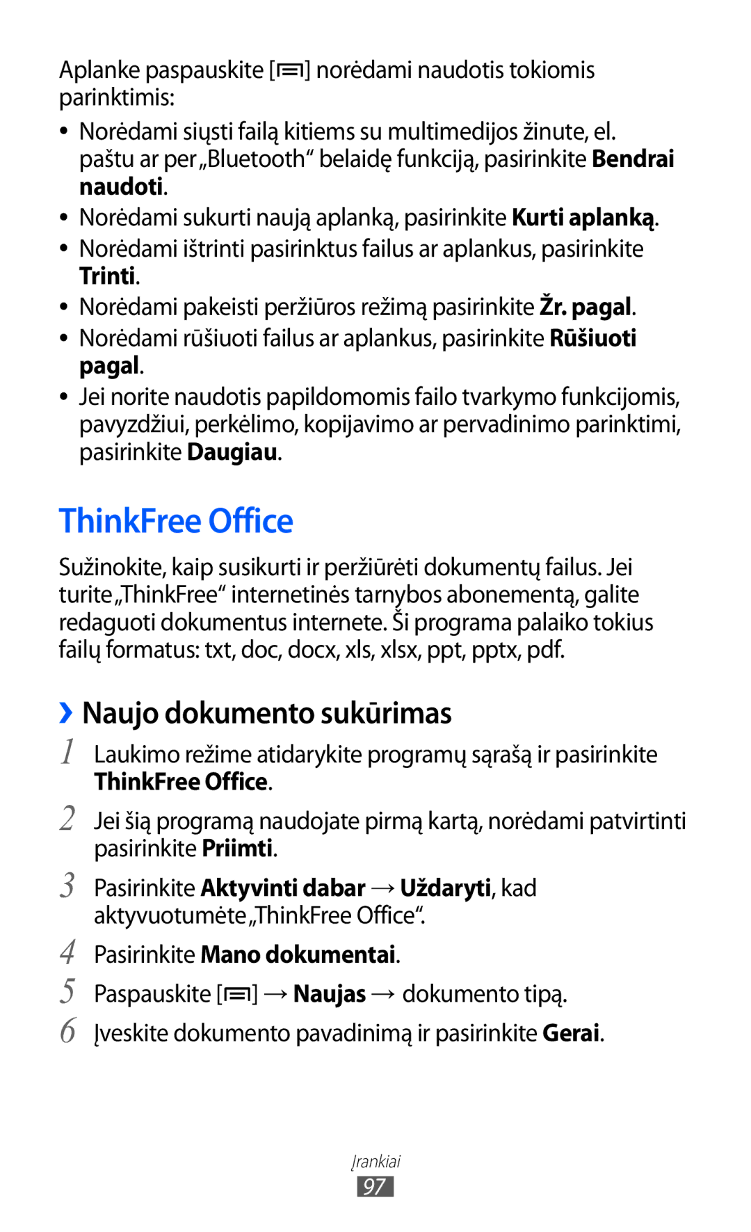 Samsung GT-B7510ISASEB manual ThinkFree Office, ››Naujo dokumento sukūrimas, Pasirinkite Mano dokumentai 